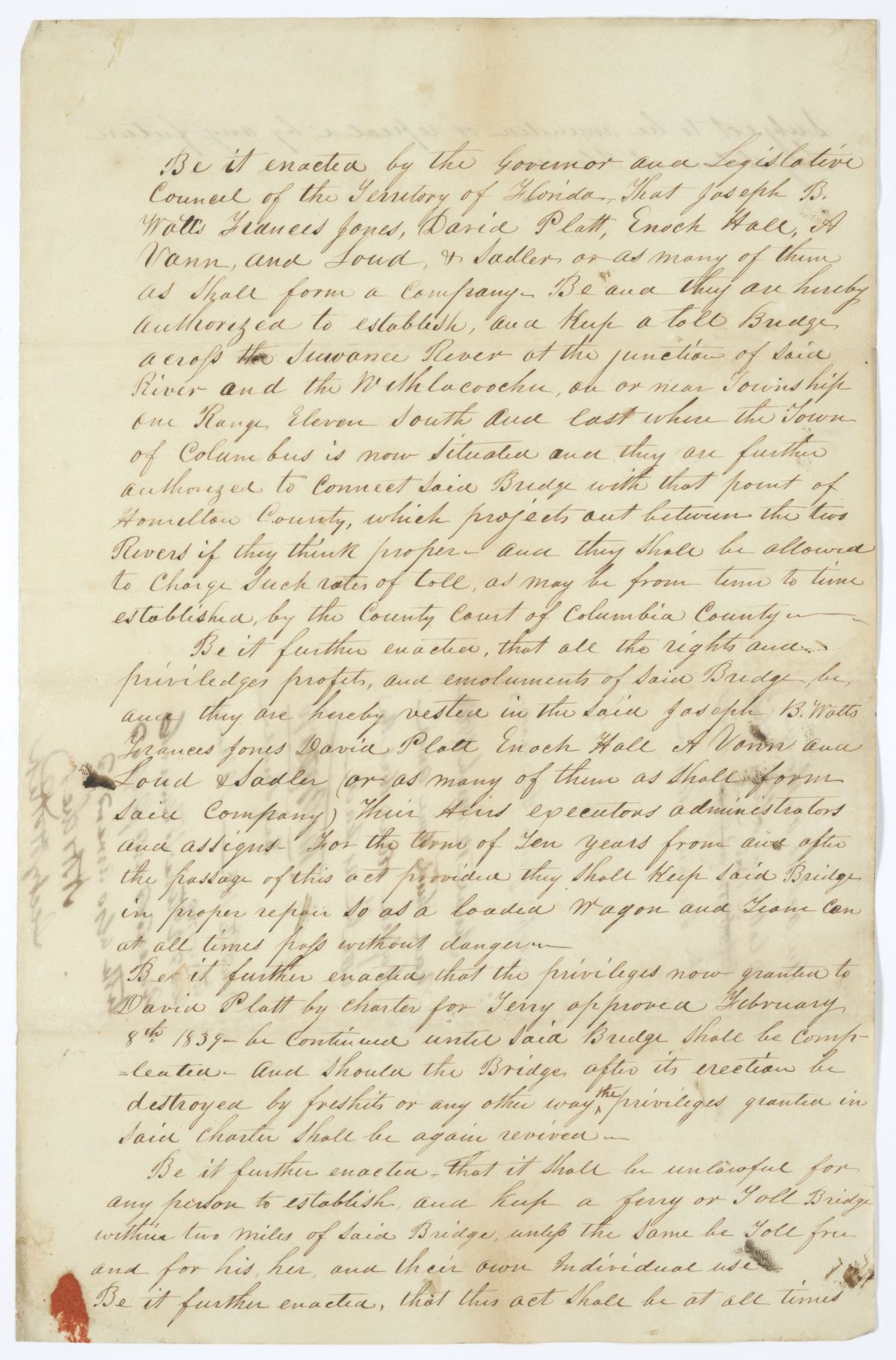 Draft of an Act to Authorize Platt and Others to Build a Bridge Across the Suwannee River, 1844