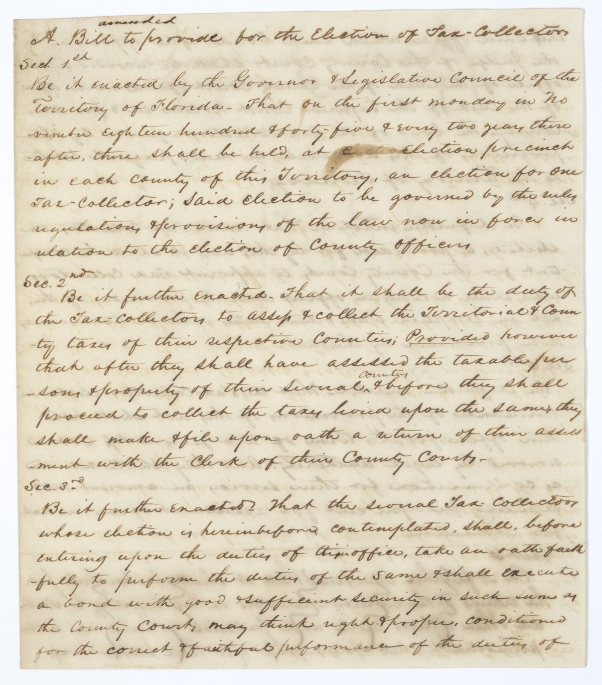 Draft of an Act to Provide for the Election of Tax Collectors, 1845