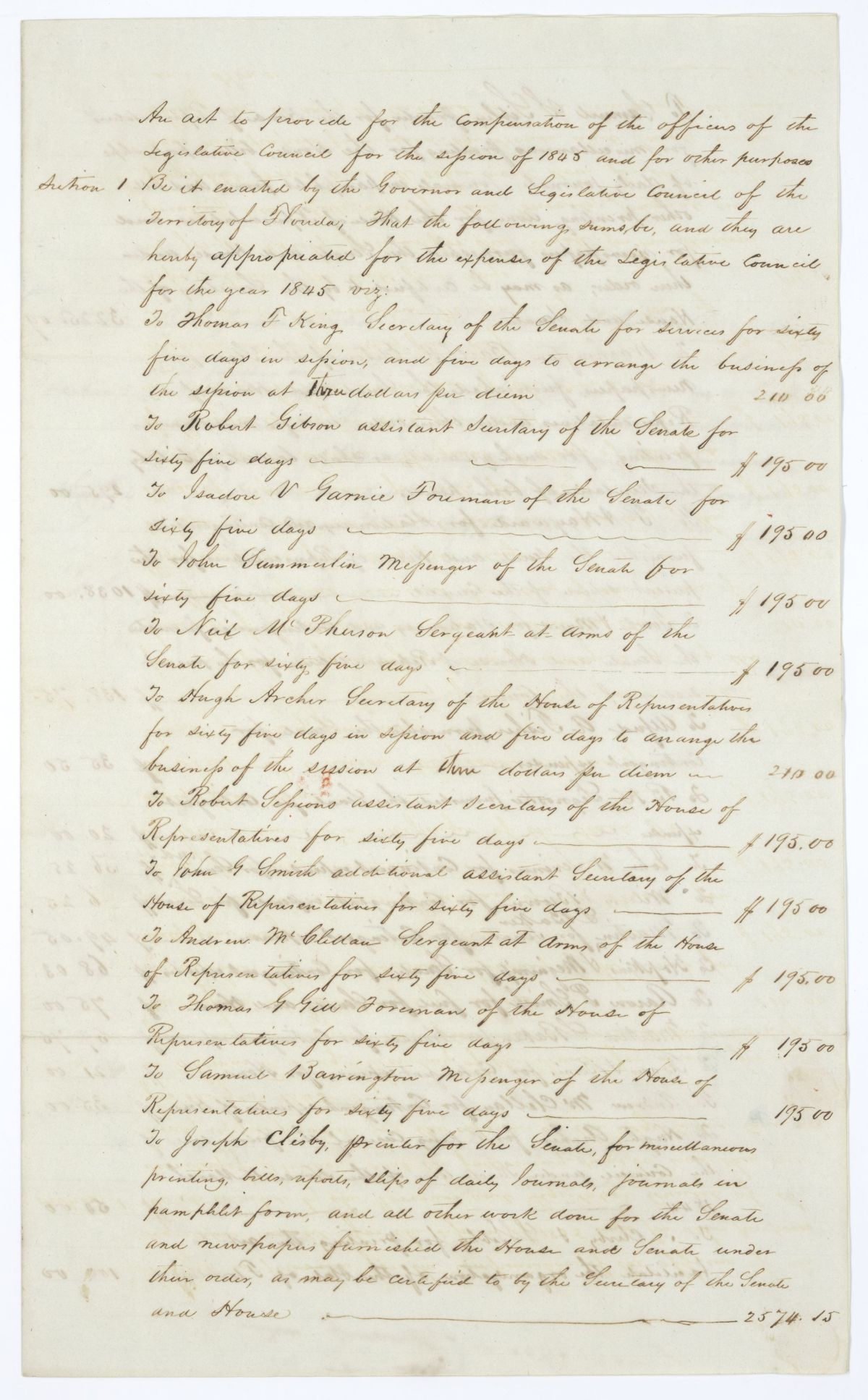 Draft of an Act to Provide for the Compensation of the Officers of the Territorial Legislative Council, 1845