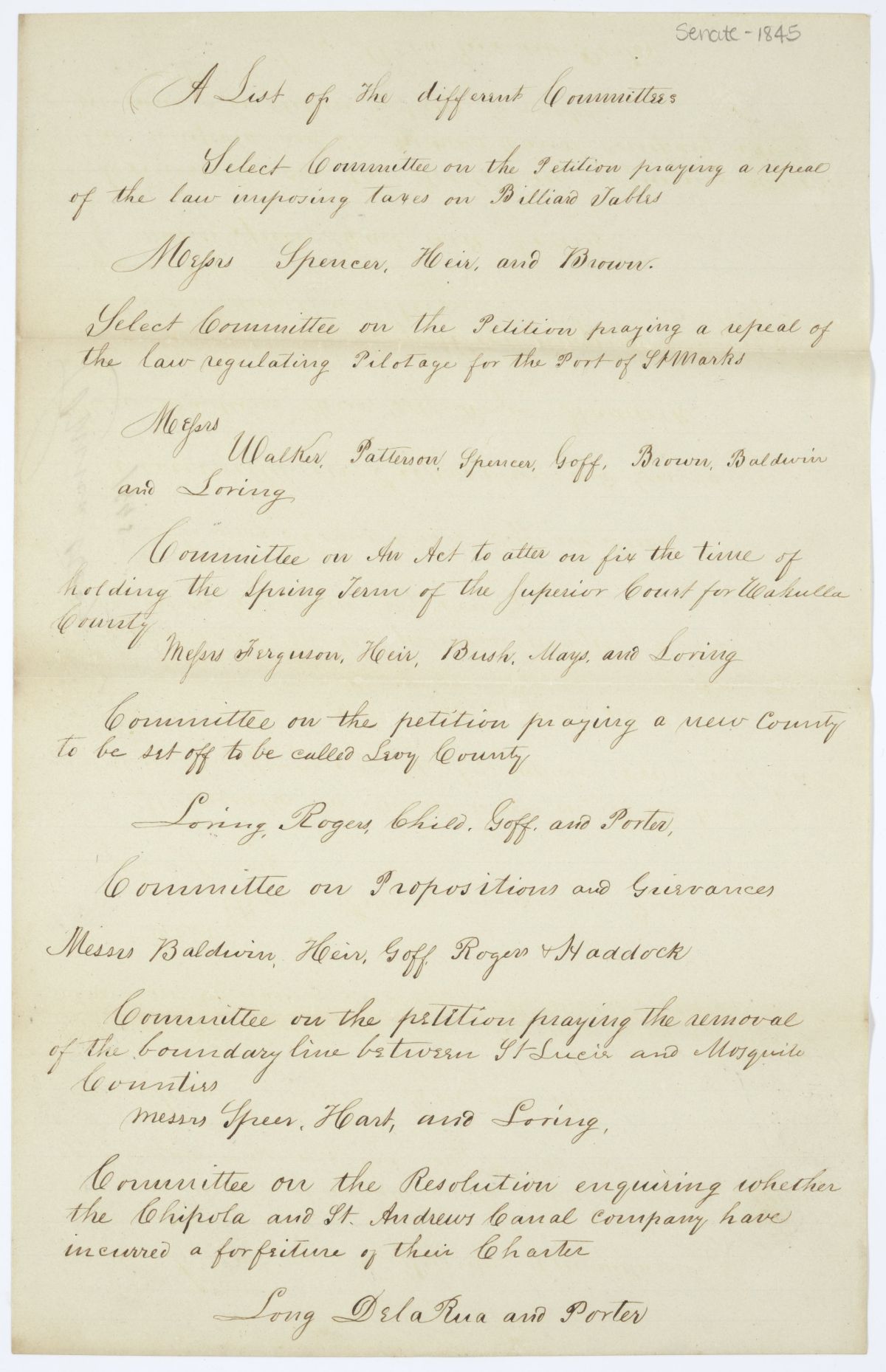 List of Committees of the Territorial Legislative Council, 1845