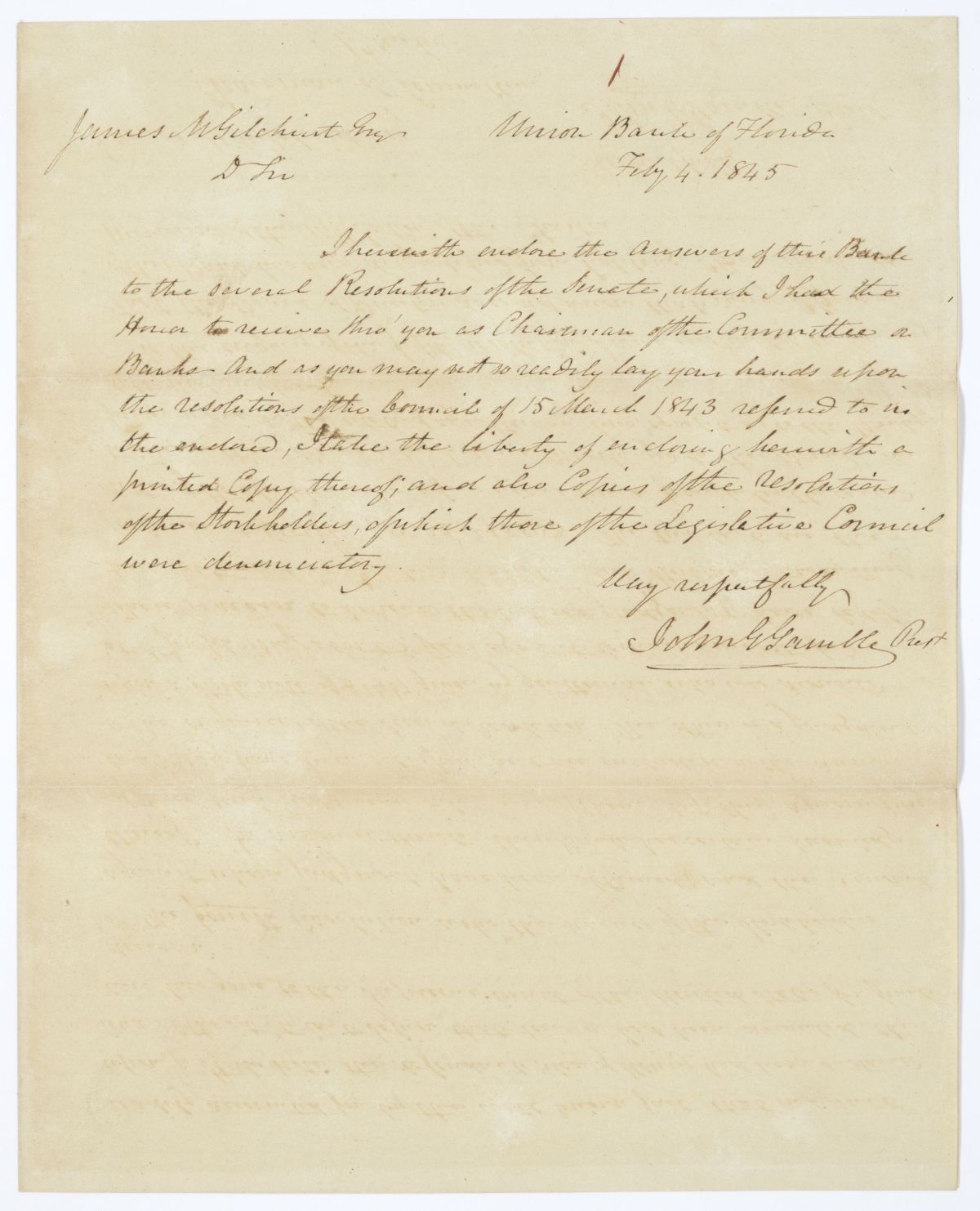 Letter from John G. Gamble to James M. Gilchrist Concerning Resolutions of the Senate, 1845