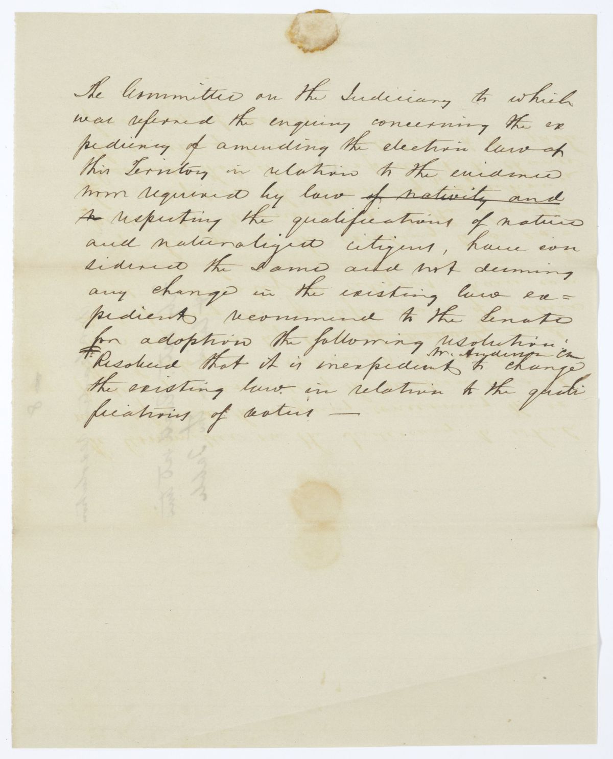 Report of the Judiciary Committee to Which Was Referred the Inquiry Concerning the Expediency of Amending the Election Law, circa 1845