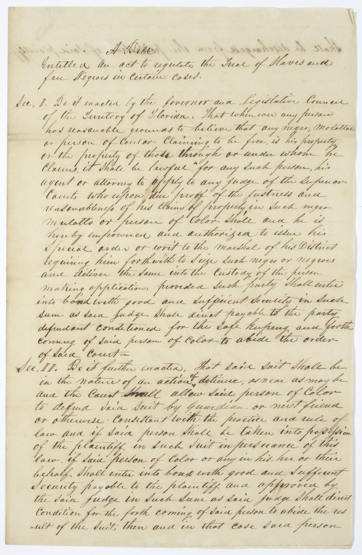 Draft of an Act to Regulate the Trial of Enslaved Persons and Free Persons of Color in Certain Cases, circa 1845