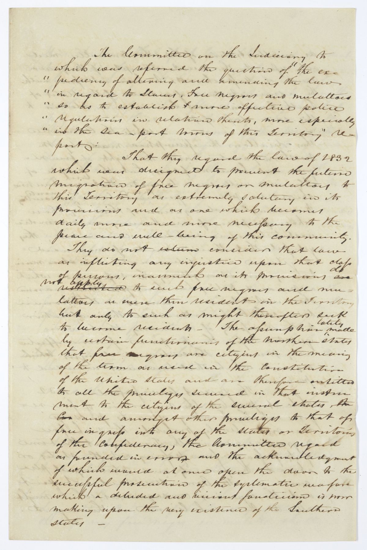 Report of the Judiciary Committee Regarding the Expediency of Amending the Law on Enslaved Persons and Free Persons of Color, circa 1845