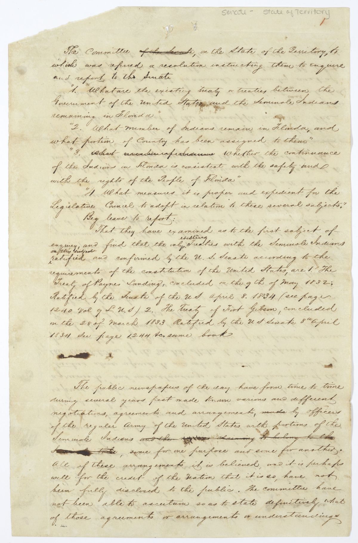 Report of the Committee on the State of the Territory to Which Was Referred a Resolution on the Seminoles, circa 1845