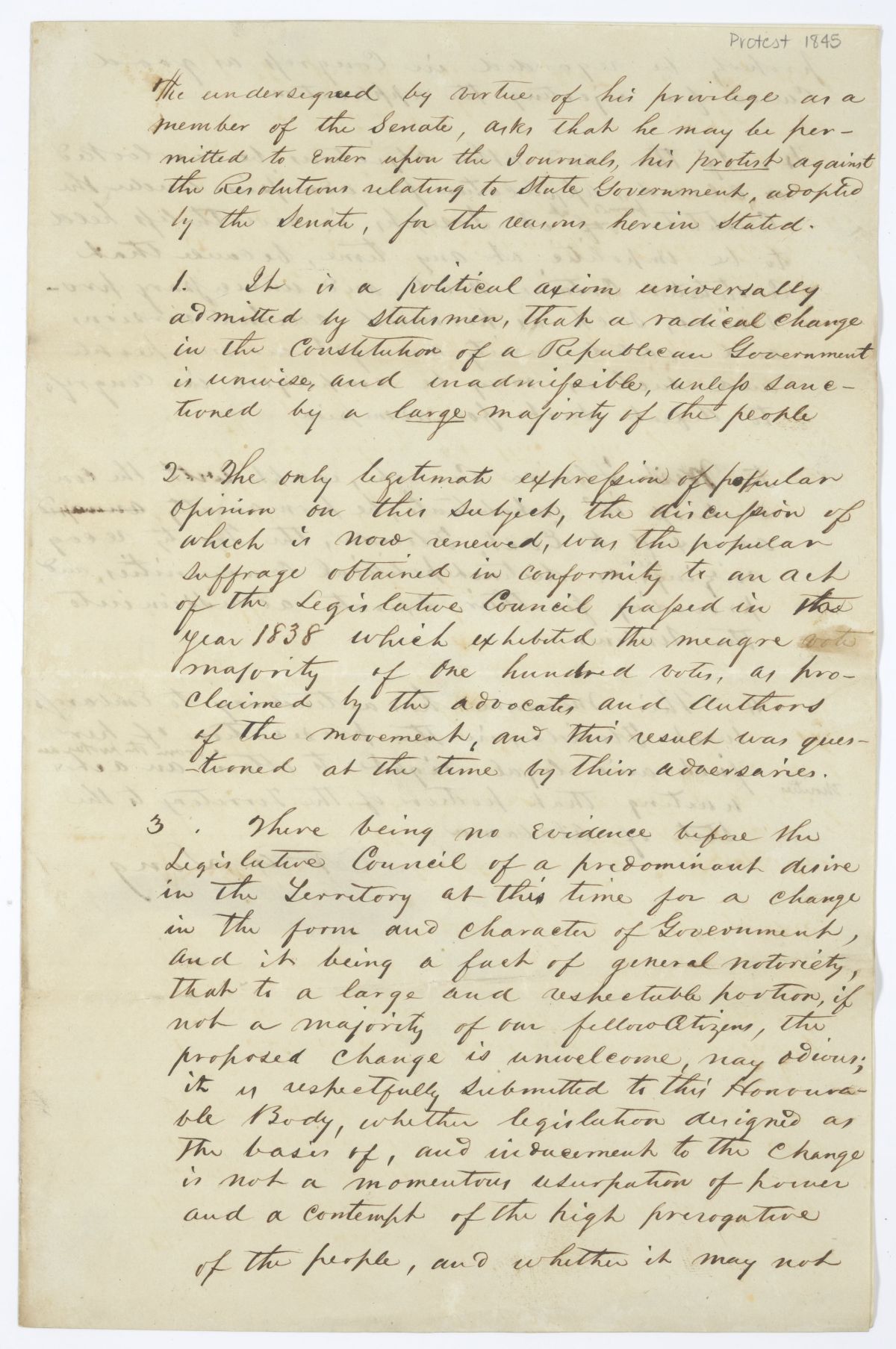 Protest of Nicholas A. Long Against Resolutions Relating to State Government, circa 1845