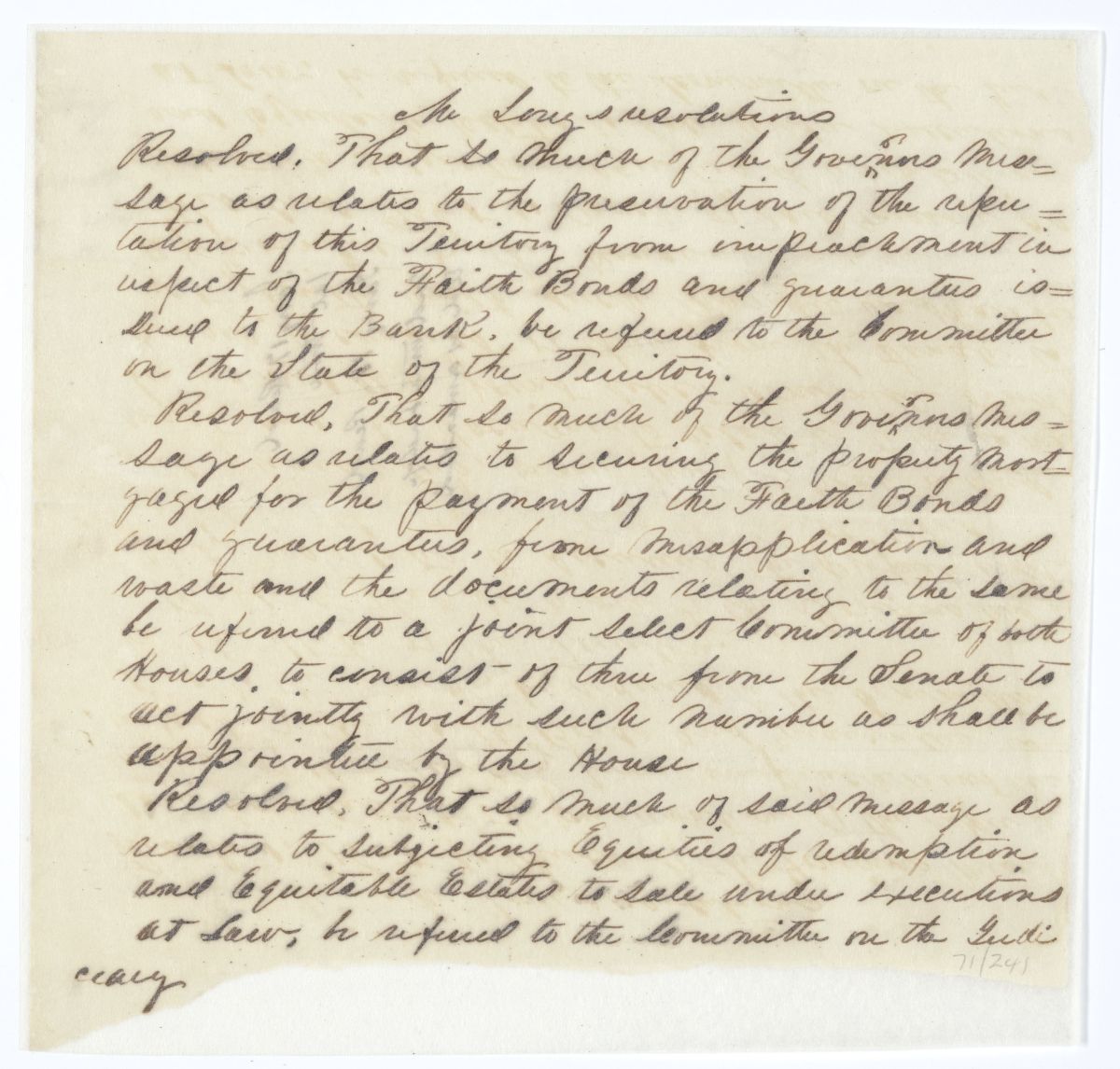 Resolutions Referring Various Issues to the Appropriate Committees, circa 1845