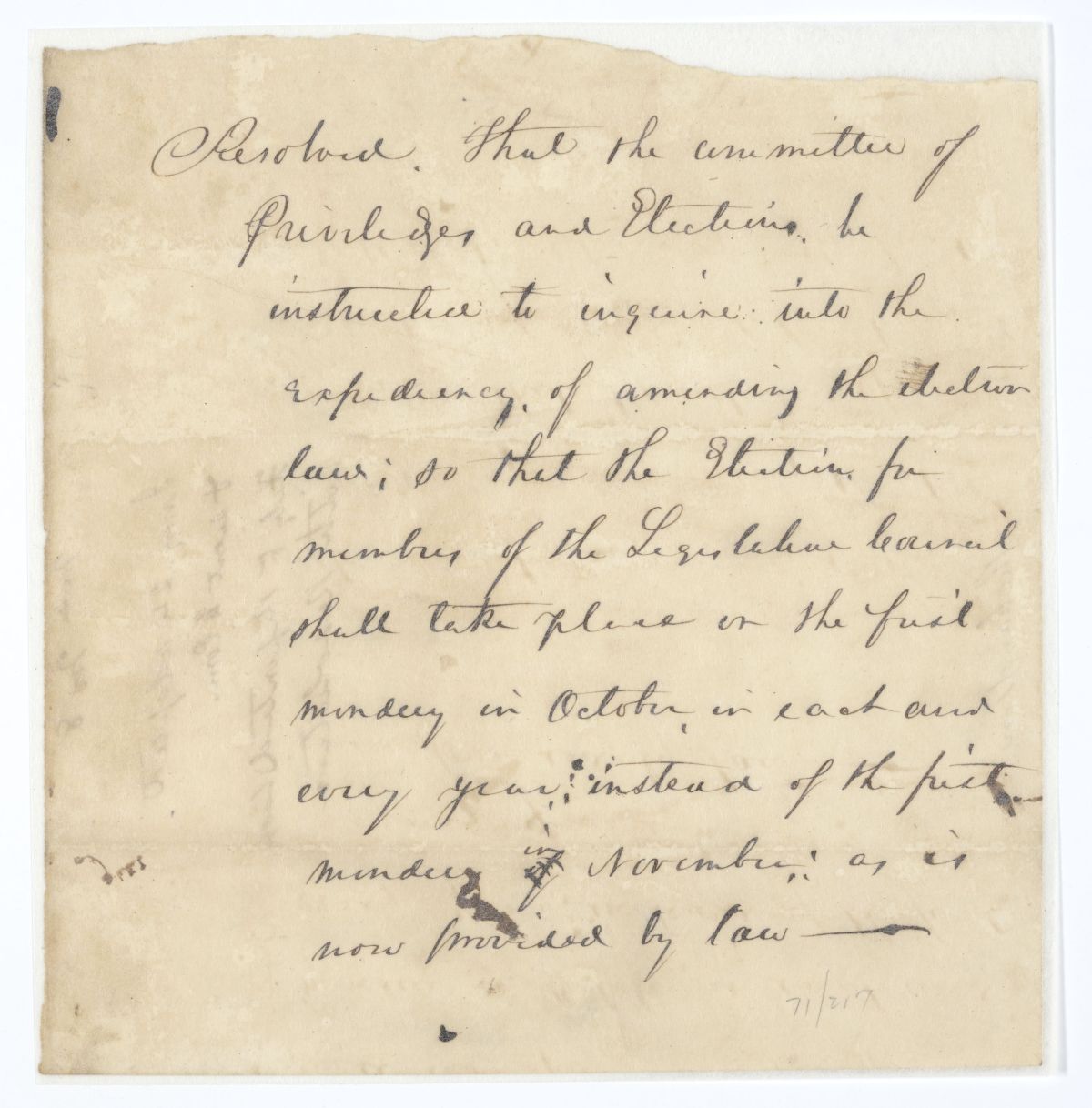 Resolution Instructing the Committee of Privileges and Elections to Inquire into the Expediency of Amending the Election Law, circa 1845