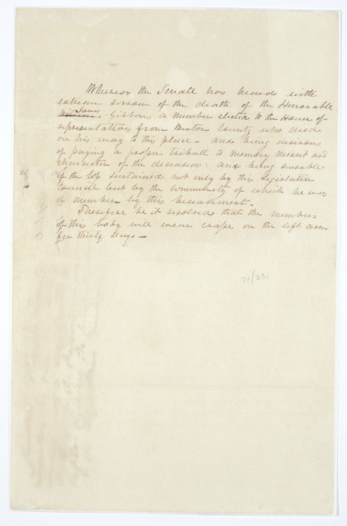 Resolution Requiring Members of the Senate to Wear a Cross to Grieve the Death of a Member of the Territorial Legislative Council, 1845