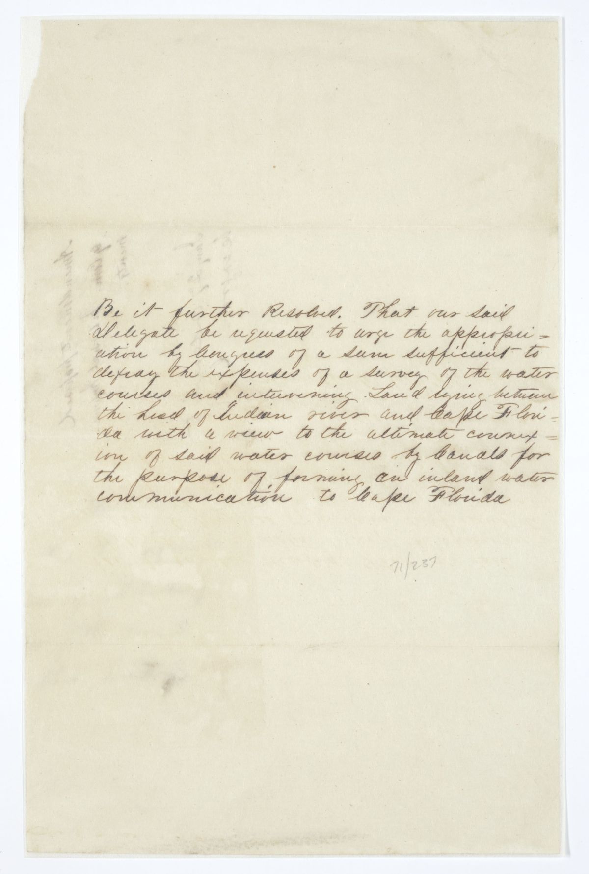 Resolution Directing the Florida Delegate in Congress to Obtain an Appropriation for the Expenses of a Survey of Waterways, circa 1845