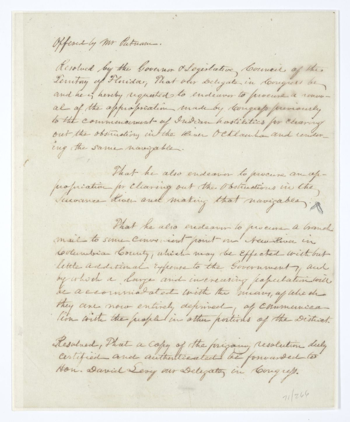 Resolution Directing the Florida Delegate in Congress to Procure Two Appropriations and a Mail Route, 1845