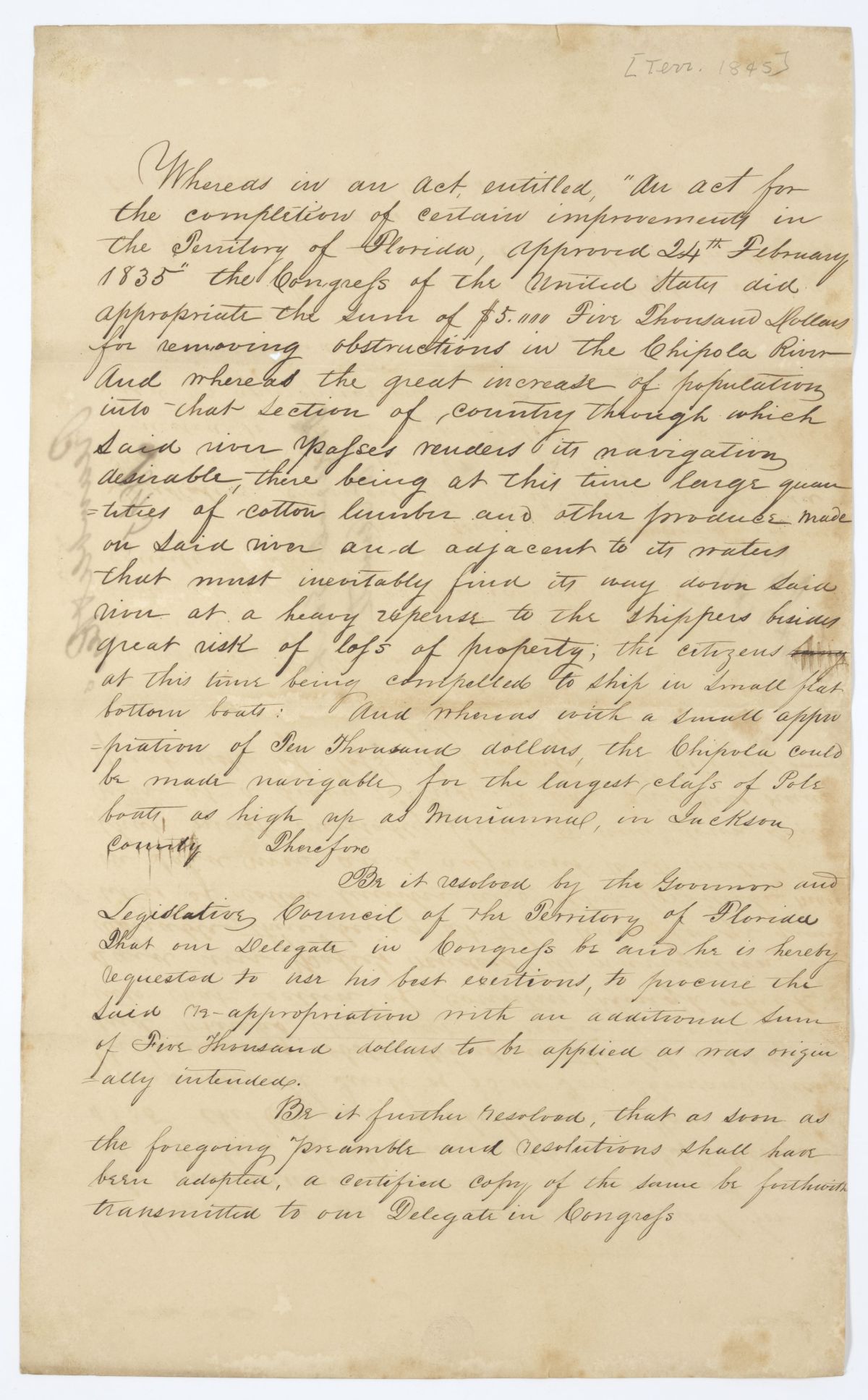 Resolution Directing the Florida Delegate in Congress to Obtain an Appropriation for the Clearing Out of the Chipola River, 1845