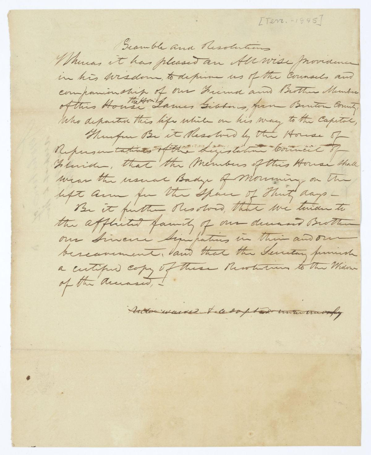 Resolution Requiring Members of the Florida House of Representatives to Wear a Cross to Grieve the Death of a Member, 1845