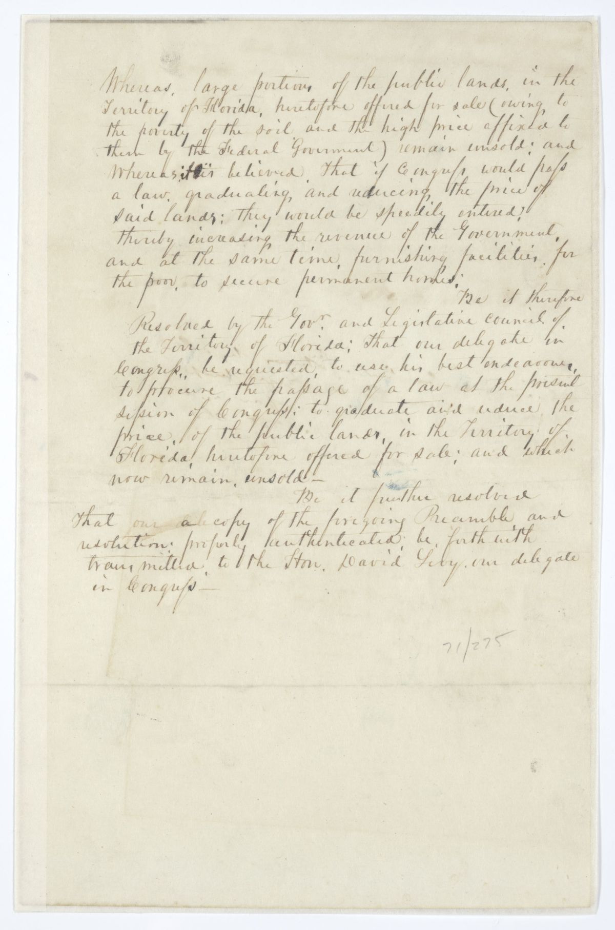 Resolution Directing the Florida Delegate in Congress to Procure the Passage of a Law Reducing the Price of Public Land, 1845