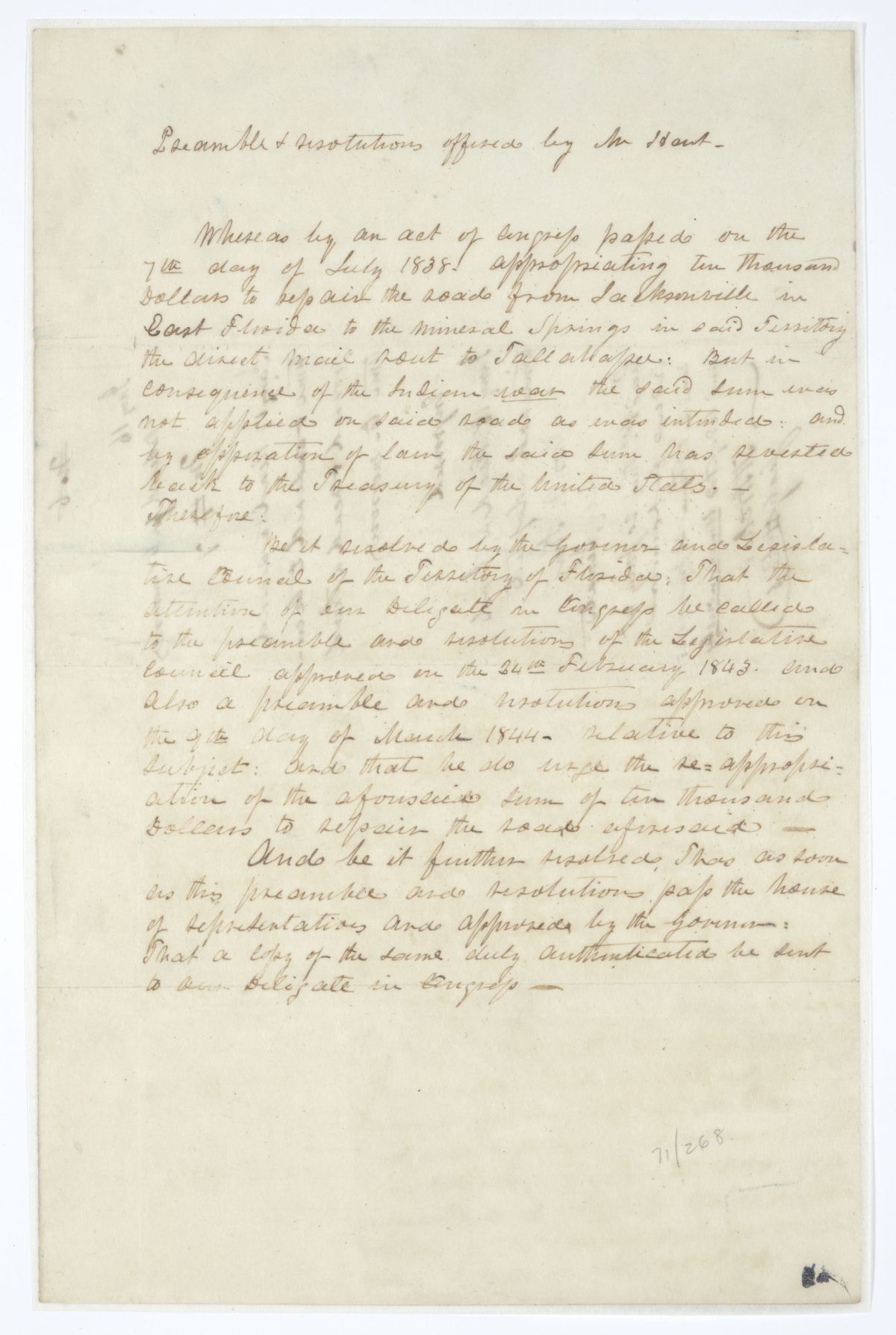 Resolution Directing the Florida Delegate in Congress to Obtain an Appropriation to Repair a Road from Jacksonville, 1845