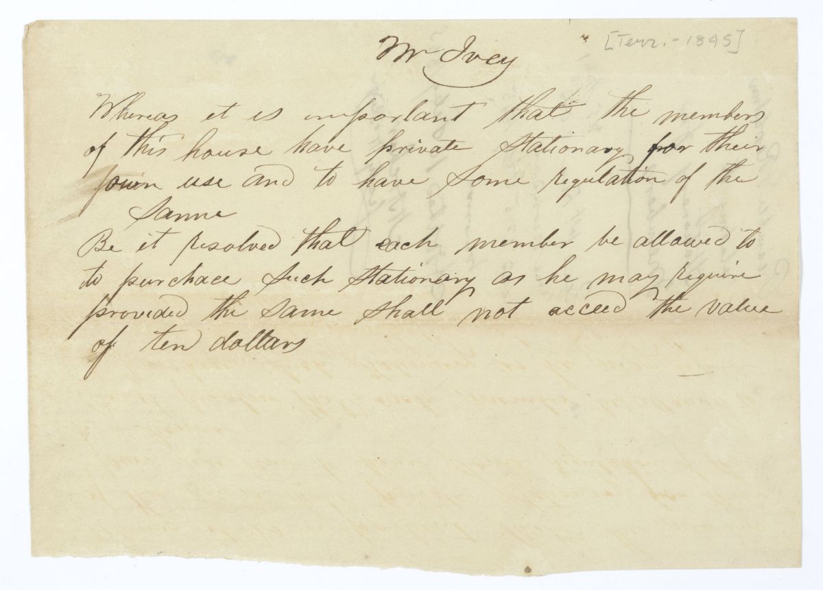 Resolution Allowing Members of the Territorial Legislative Council to Purchase Ten Dollars Worth of Stationery, 1845