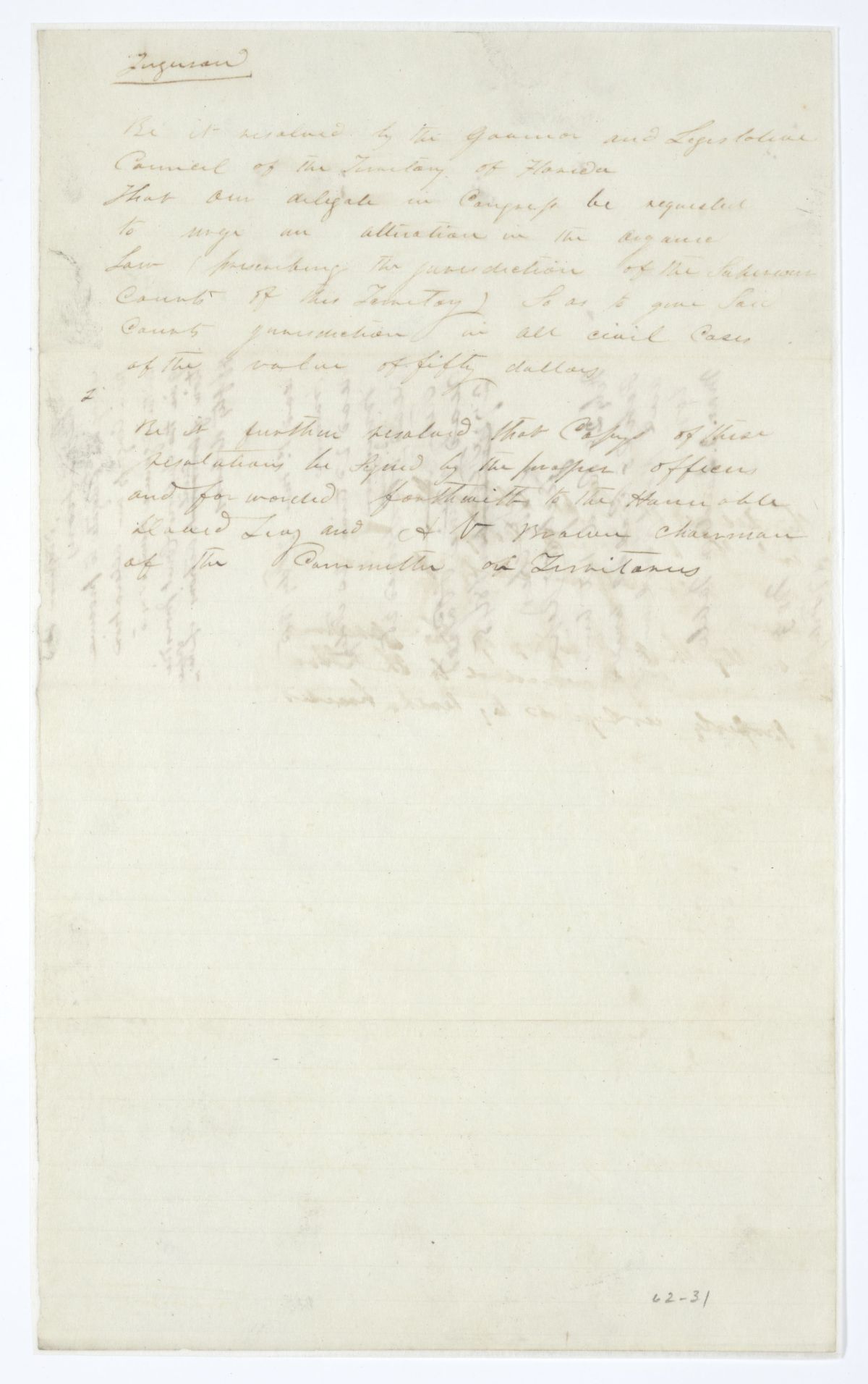 Resolution Directing the Florida Delegate in Congress to Procure an Alteration of the Organic Law Relative to the Jurisdiction of Courts, 1845