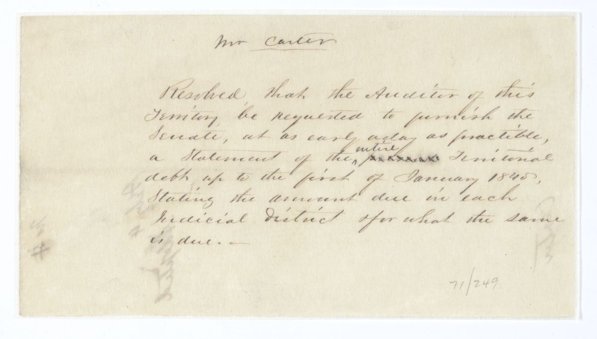 Resolution Requesting that the Territorial Auditor Provide the Senate with a Statement of the Territorial Debt, circa 1845