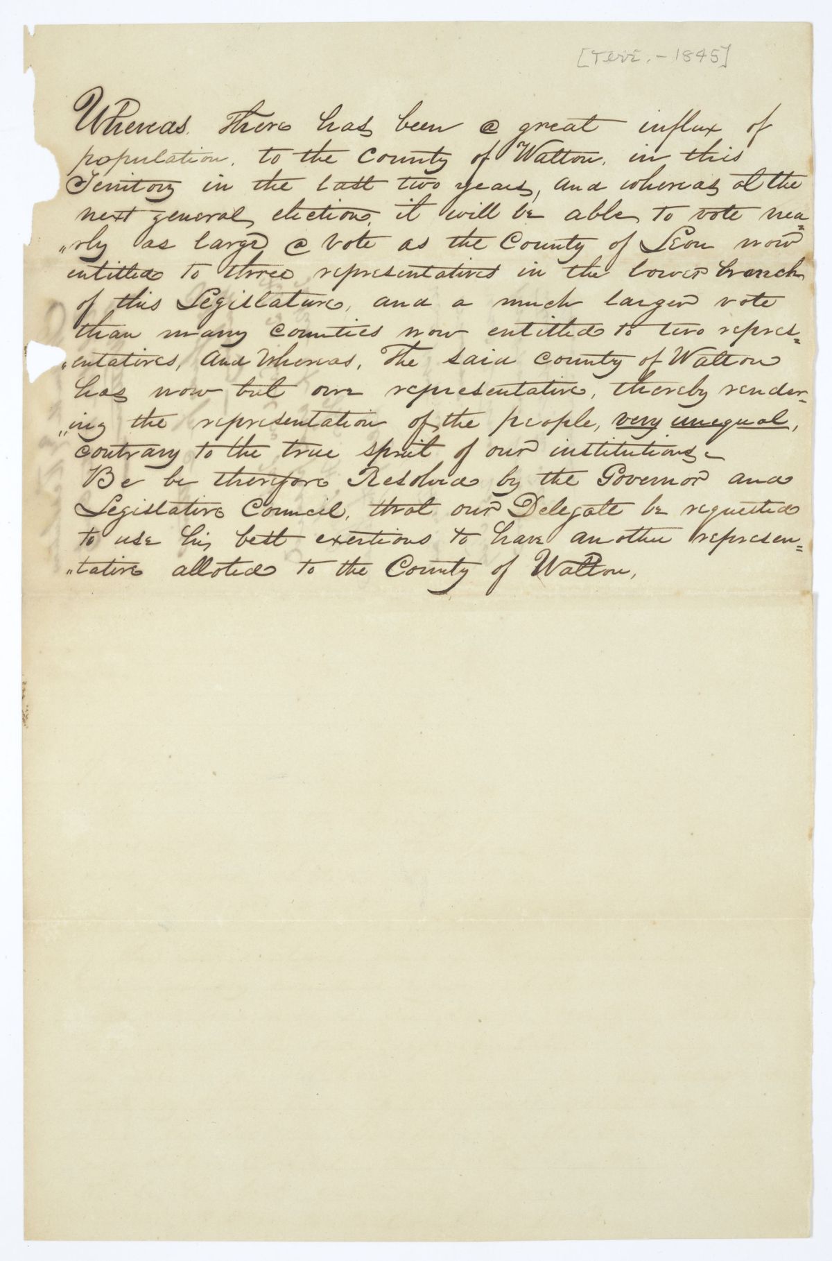 Resolution Directing the Florida Delegate in Congress to Obtain an Additional Representative from Walton County, 1845