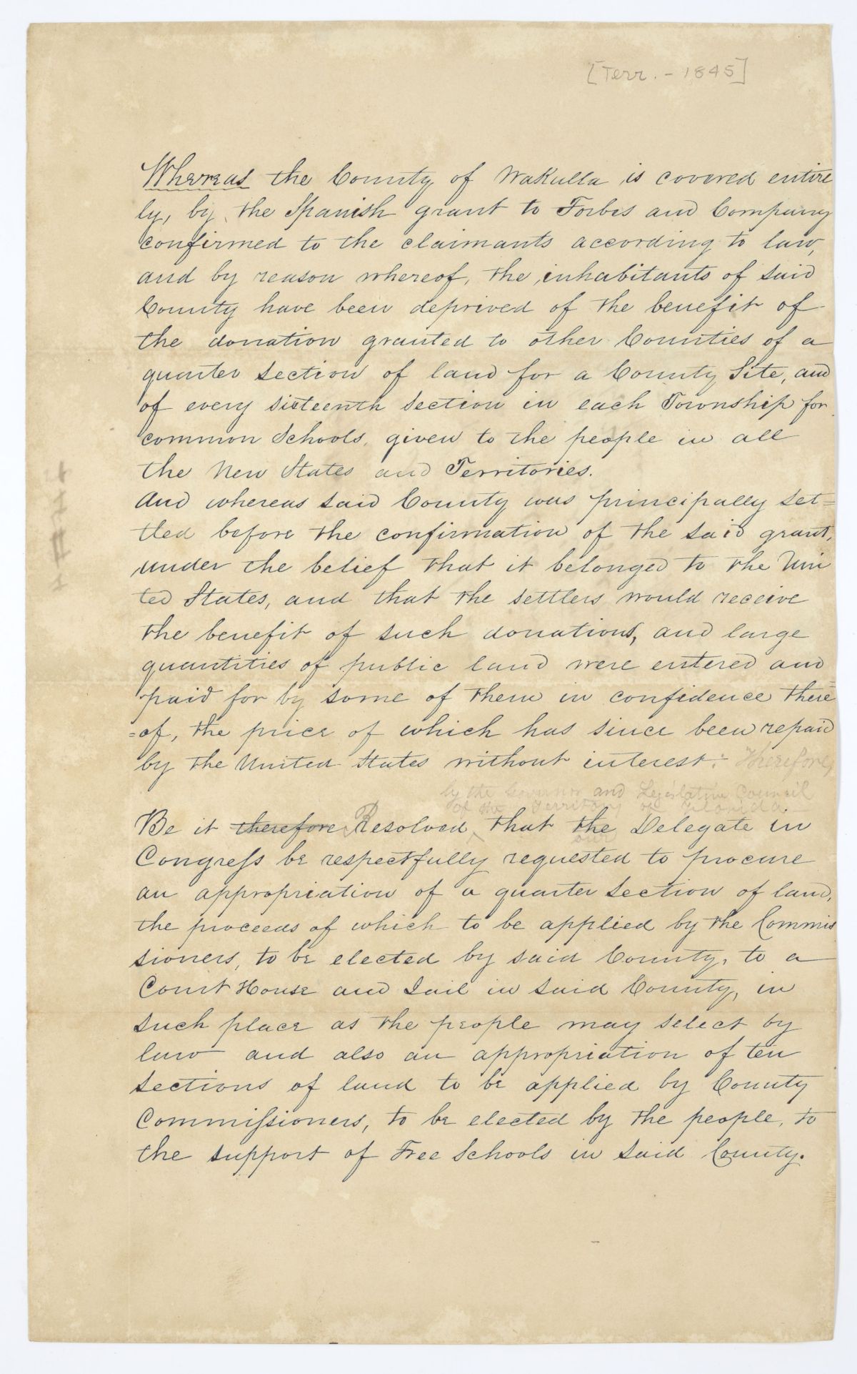 Resolution Directing the Florida Delegate in Congress to Procure Land and an Appropriation for Wakulla County, 1845