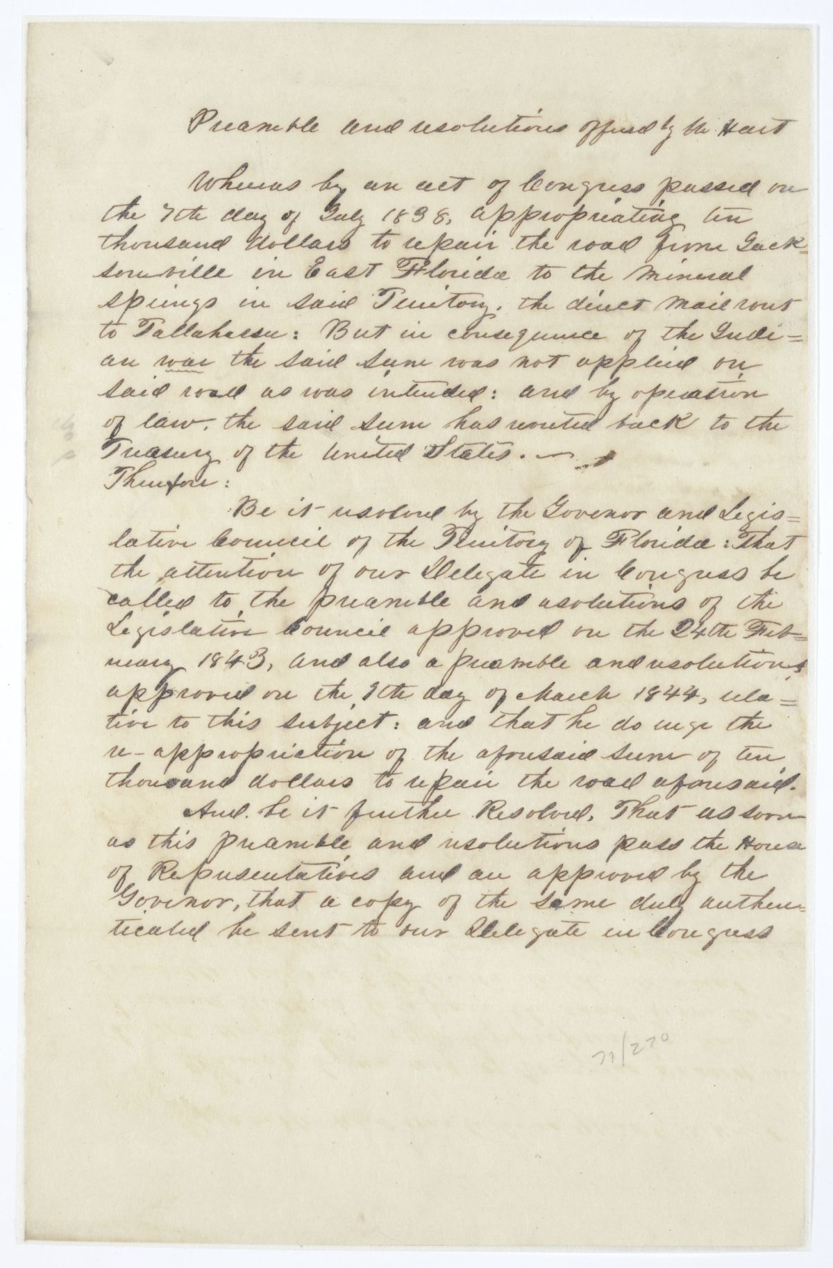 Resolution Directing the Florida Delegate in Congress to Obtain an Appropriation to Repair a Road from Jacksonville, 1845