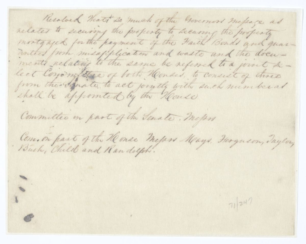 Resolution Calling for a Joint Select Committee to Examine the Portion of the Governor's Message Regarding Faith Bonds, circa 1845