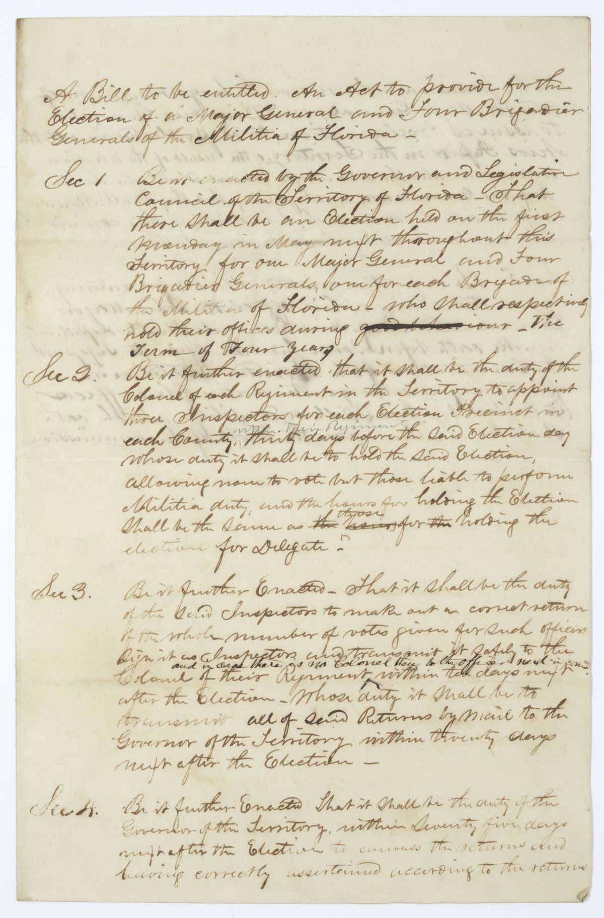 Draft of an Act to Provide for the Election of a Major General and Brigadier Generals of the Militia of Florida, 1845