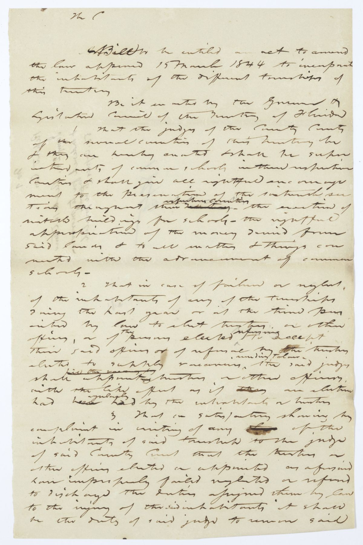 Draft of an Act to Amend the Law to Incorporate the Inhabitants of the Different Townships of the Territory, circa 1845