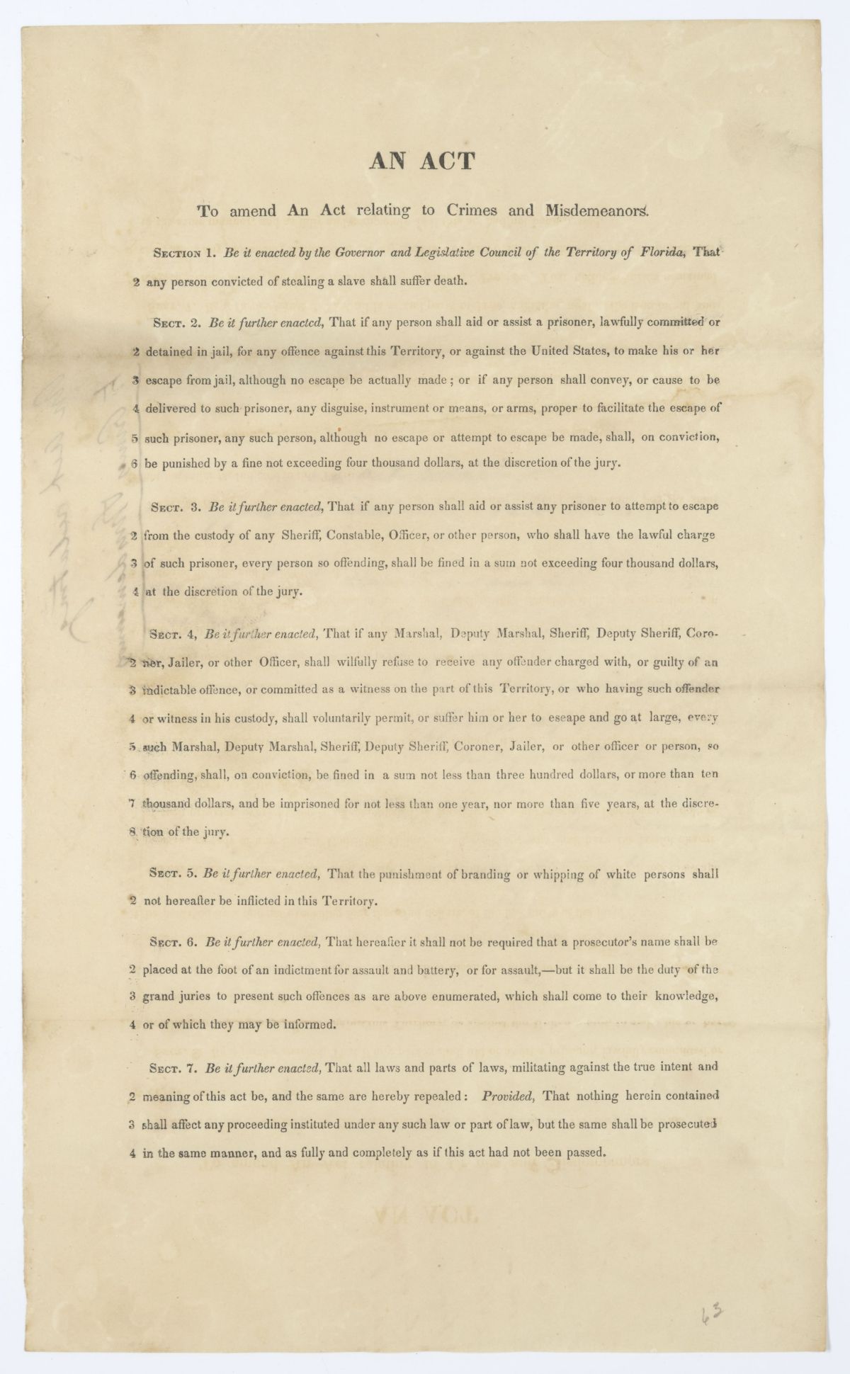 Draft of an Act to Amend an Act Relating to Crimes and Misdemeanors, 1845