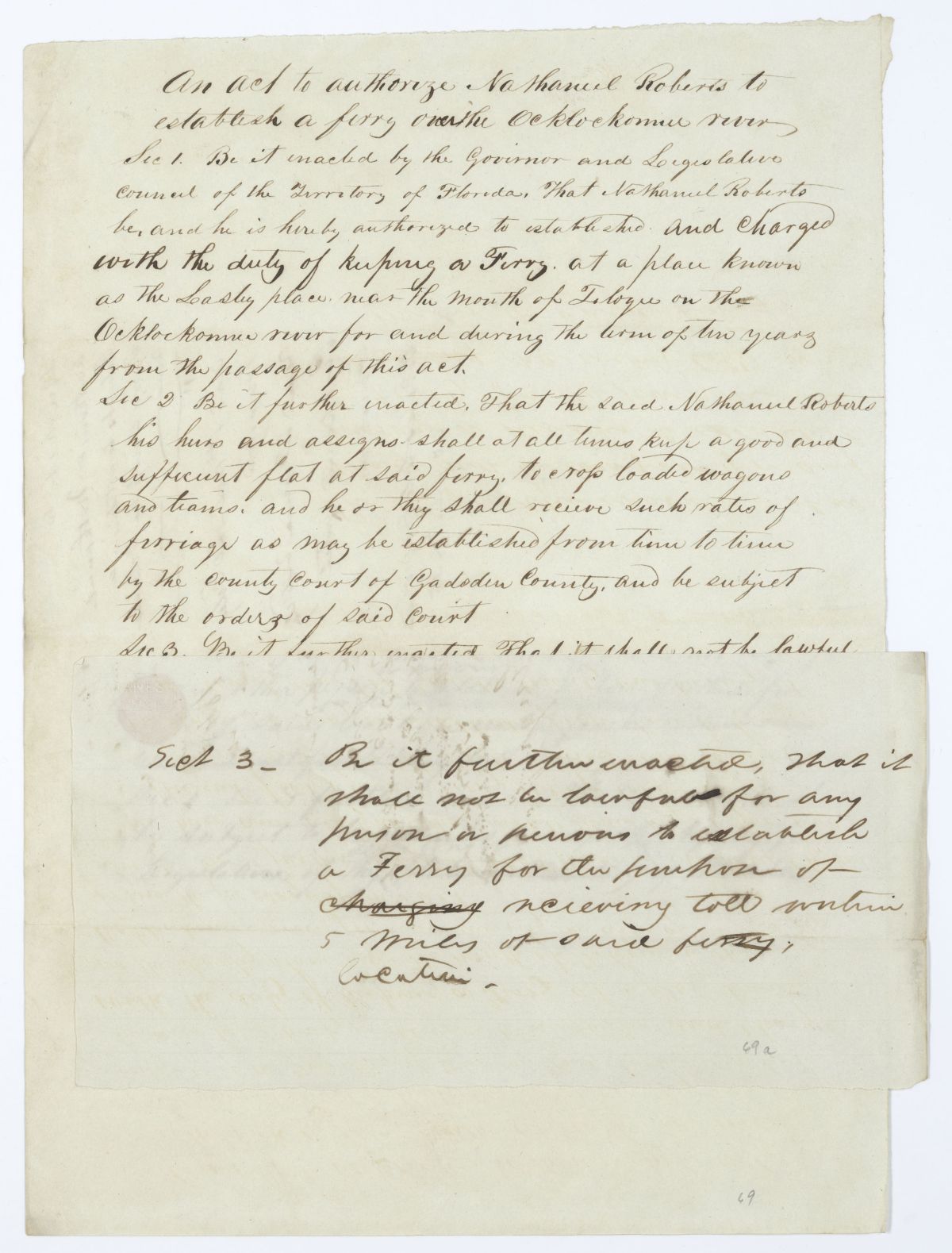 Draft of an Act to Authorize Nathaniel Roberts to Establish a Ferry over the Ochlockonee River, 1845