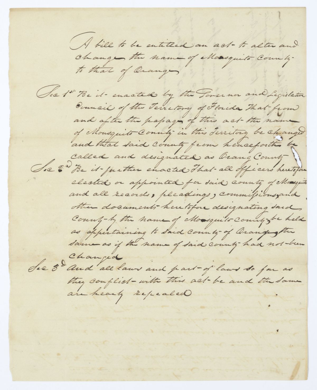 Draft of an Act to Change the Name of Mosquito County to Orange County, 1845