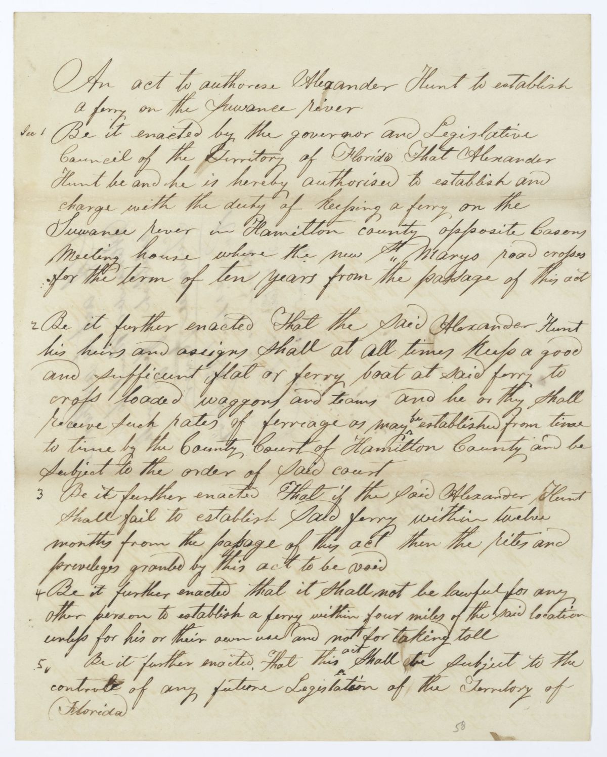 Draft of an Act to Authorize Alexander Hunt to Establish a Ferry on the Suwannee River, 1845