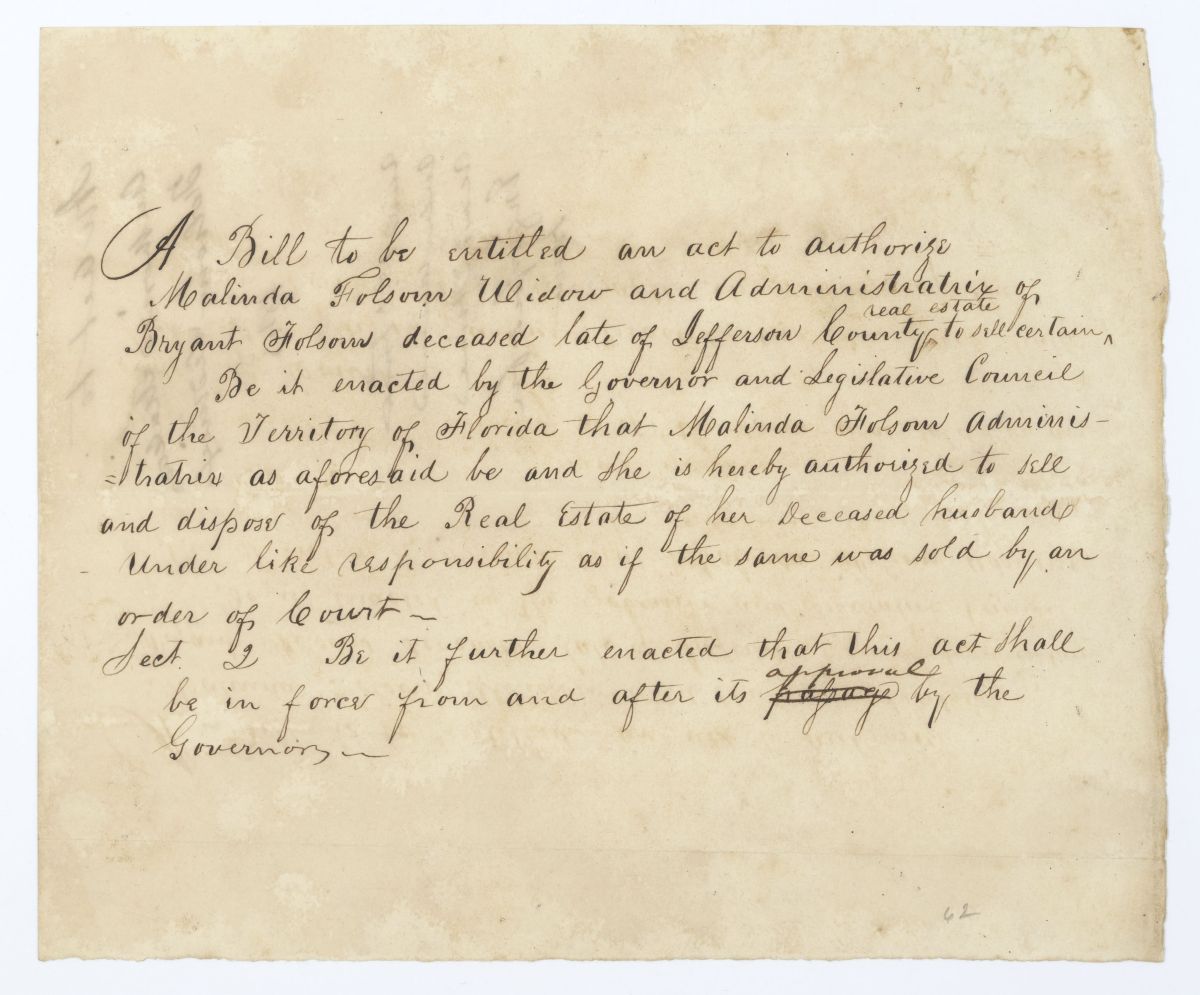 Draft of an Act to Authorize Malinda Folsom to Sell the Real Estate of Her Deceased Husband, 1845