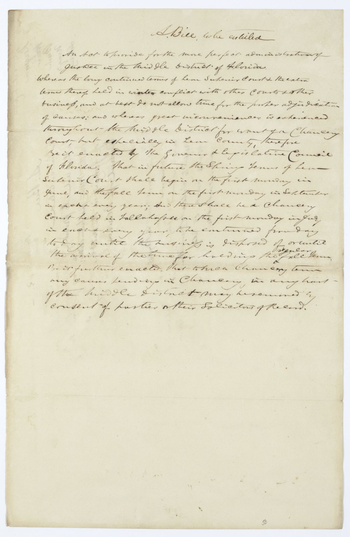 Draft of an Act to Provide for the More Perfect Administration of Justice in the Middle District of Florida, 1845