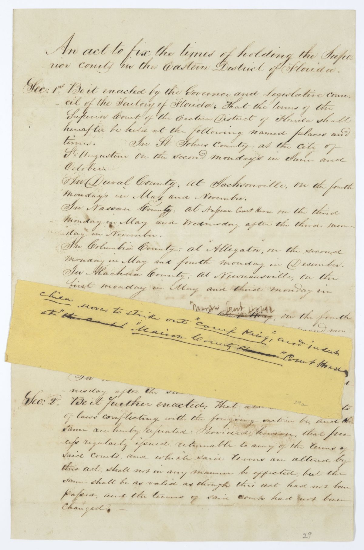 Draft of an Act to Fix the Times of Holding the Superior Court in the Eastern District of Florida, 1845