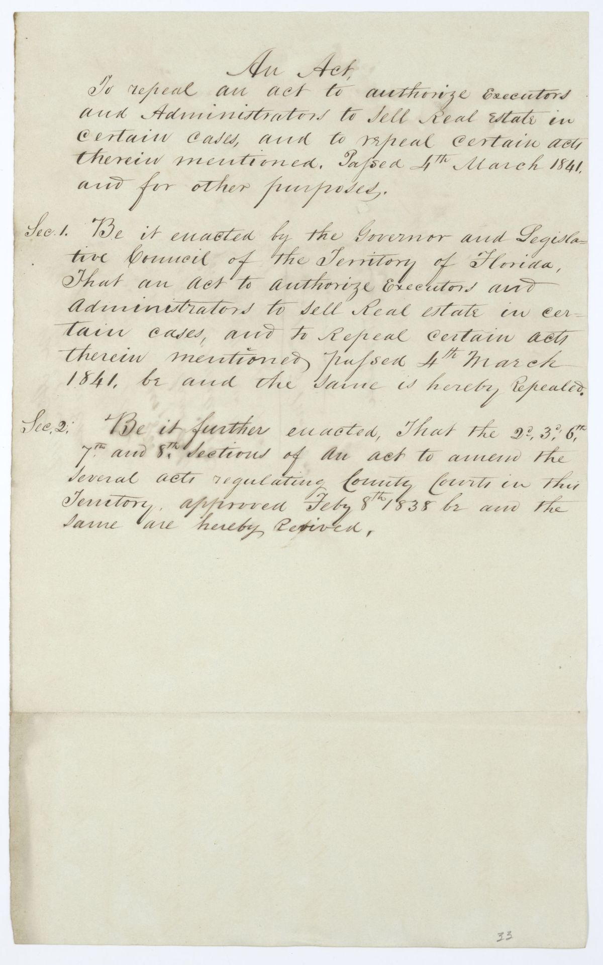 Draft of an Act to Repeal an Act to Authorize Executors and Administrators to Sell Real Estate in Certain Cases, 1845