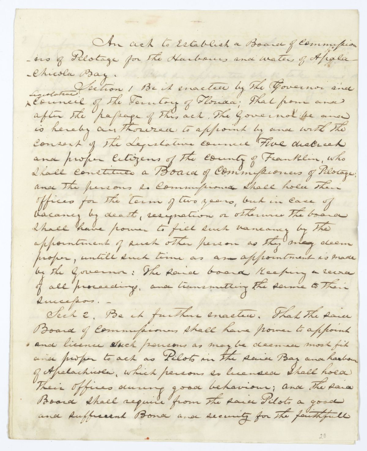 Draft of an Act to Establish a Board of Commissioners of Pilotage for the Harbors and Waters of Apalachicola Bay, 1845