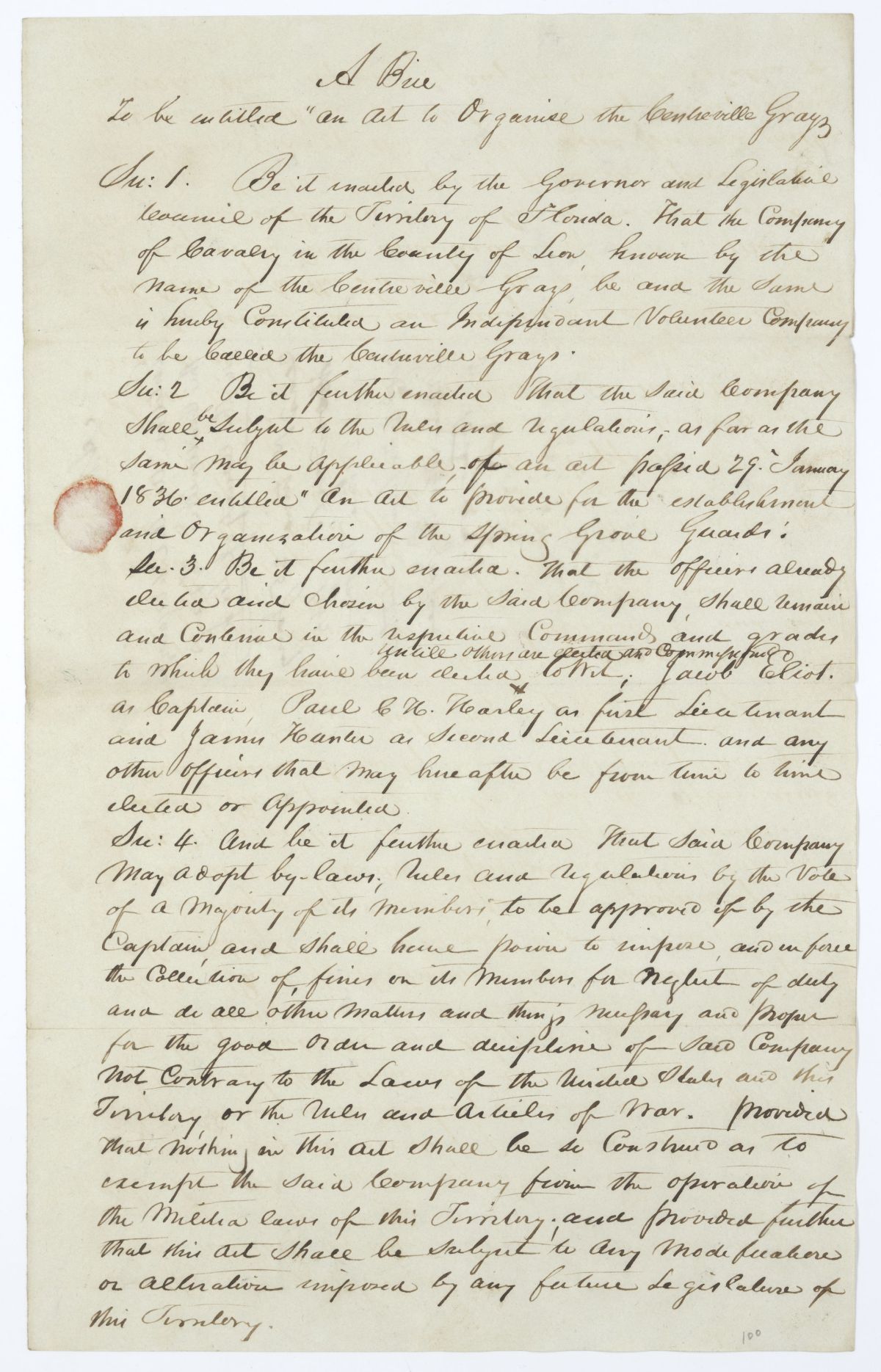 Draft of an Act to Organize the Centerville Grays, 1845