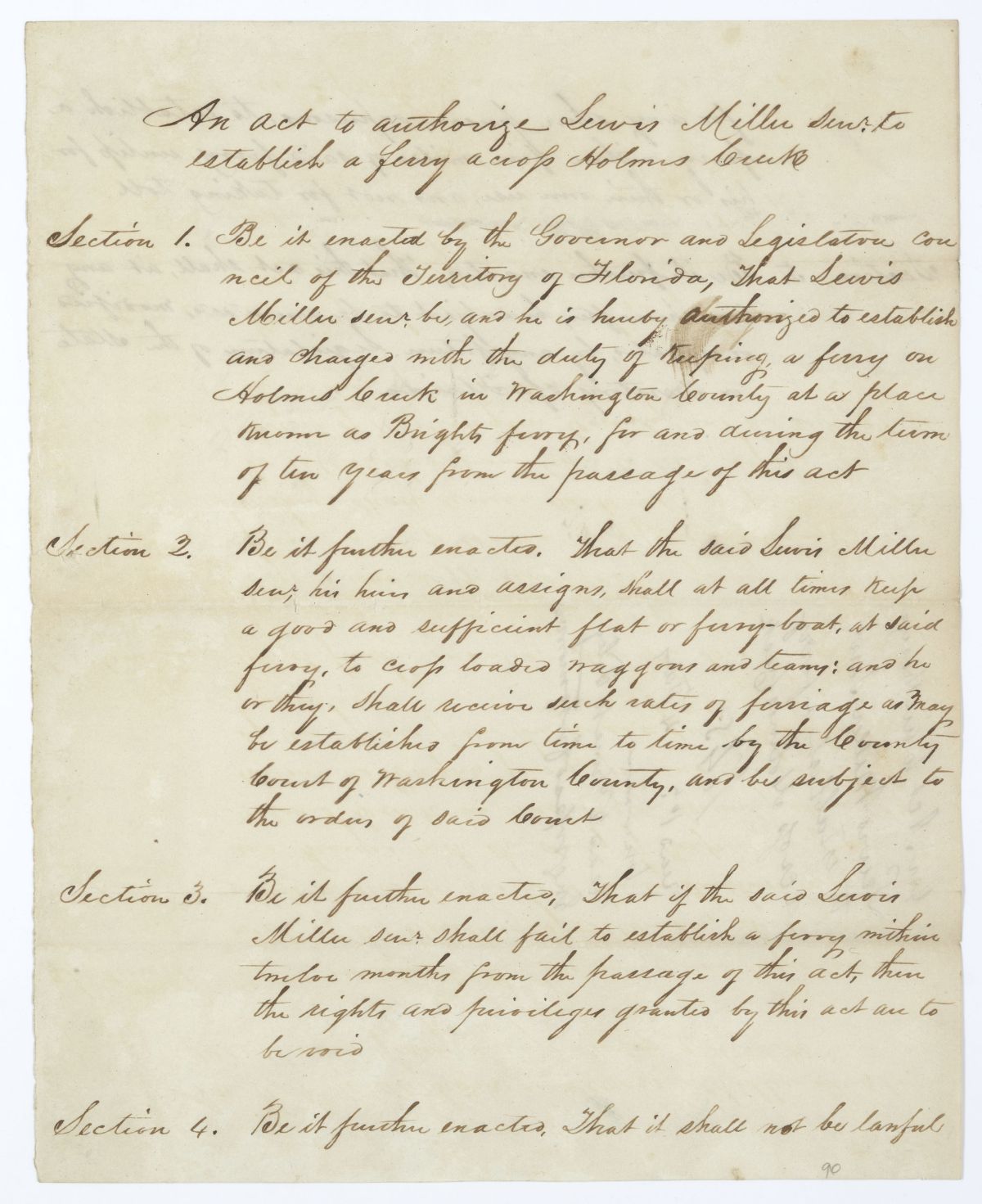 Draft of an Act to Authorize Lewis Miller to Establish a Ferry Across Holmes Creek, 1845