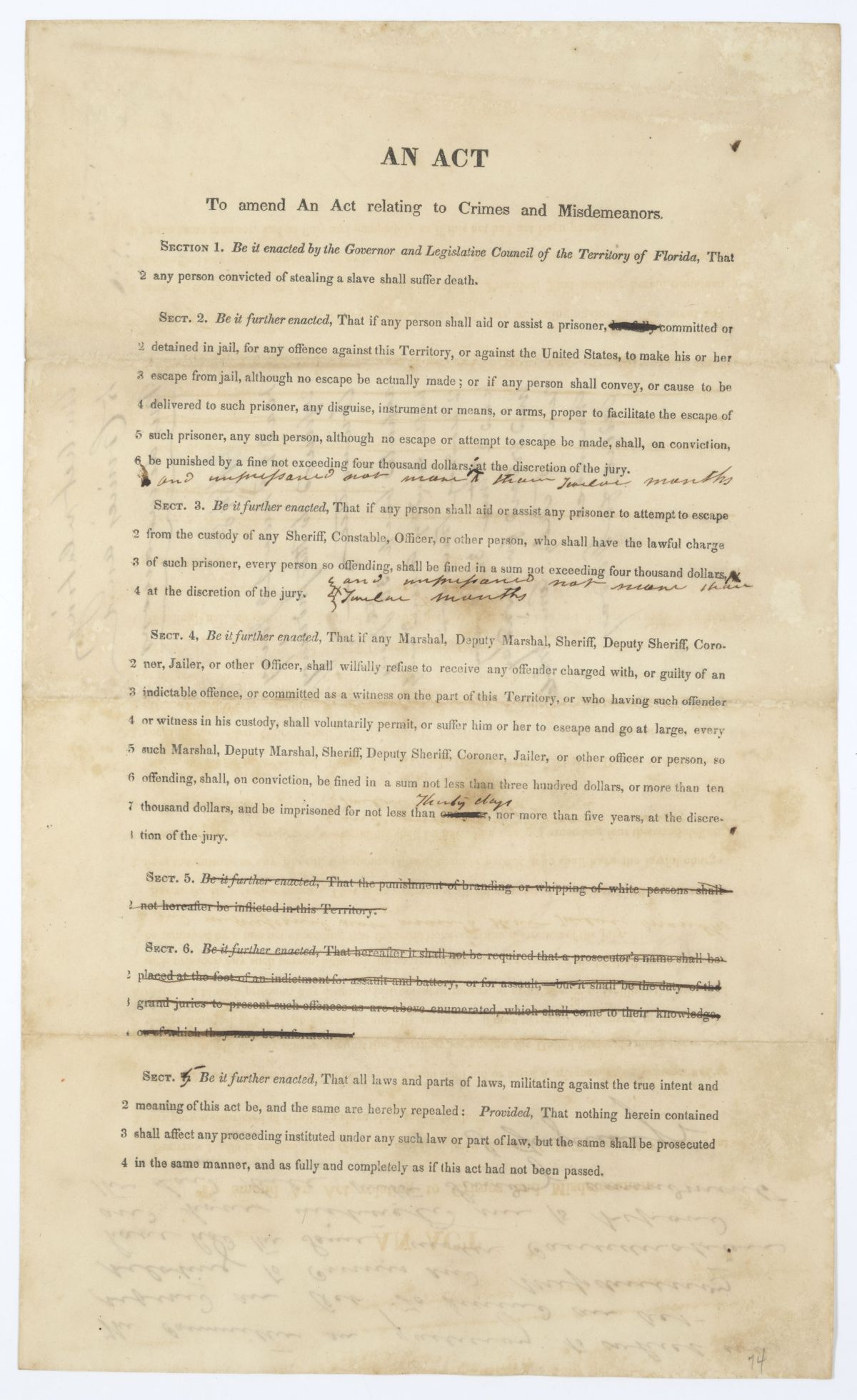 Draft of an Act to Amend an Act Relating to Crimes and Misdemeanors, 1845