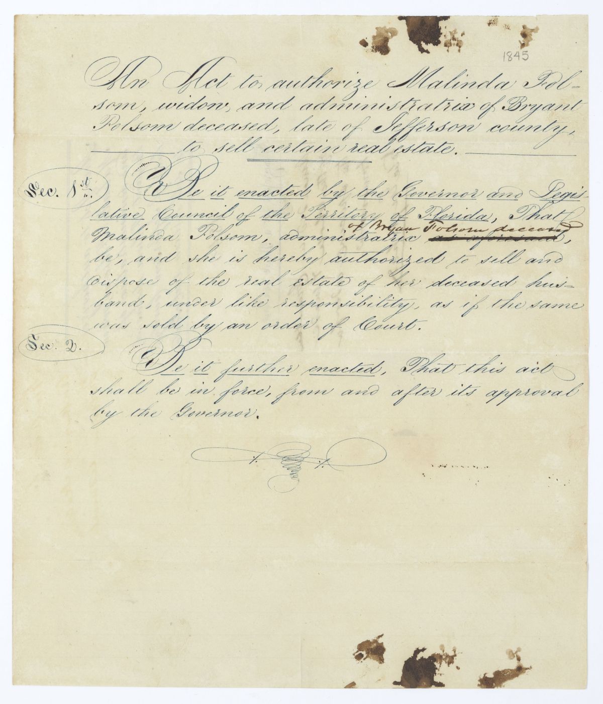 Draft of an Act to Authorize Malinda Folsom to Sell the Real Estate of Her Deceased Husband, 1845