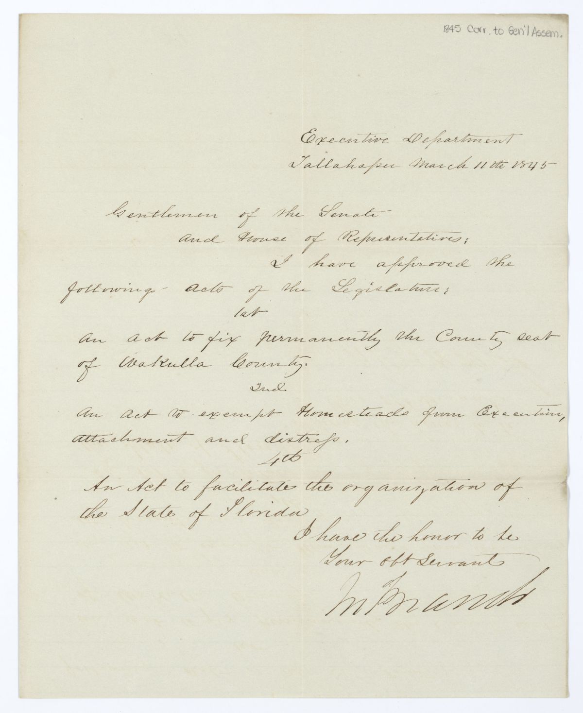 Letter from Governor John Branch to the Florida Senate Regarding Approved Legislation, 1845