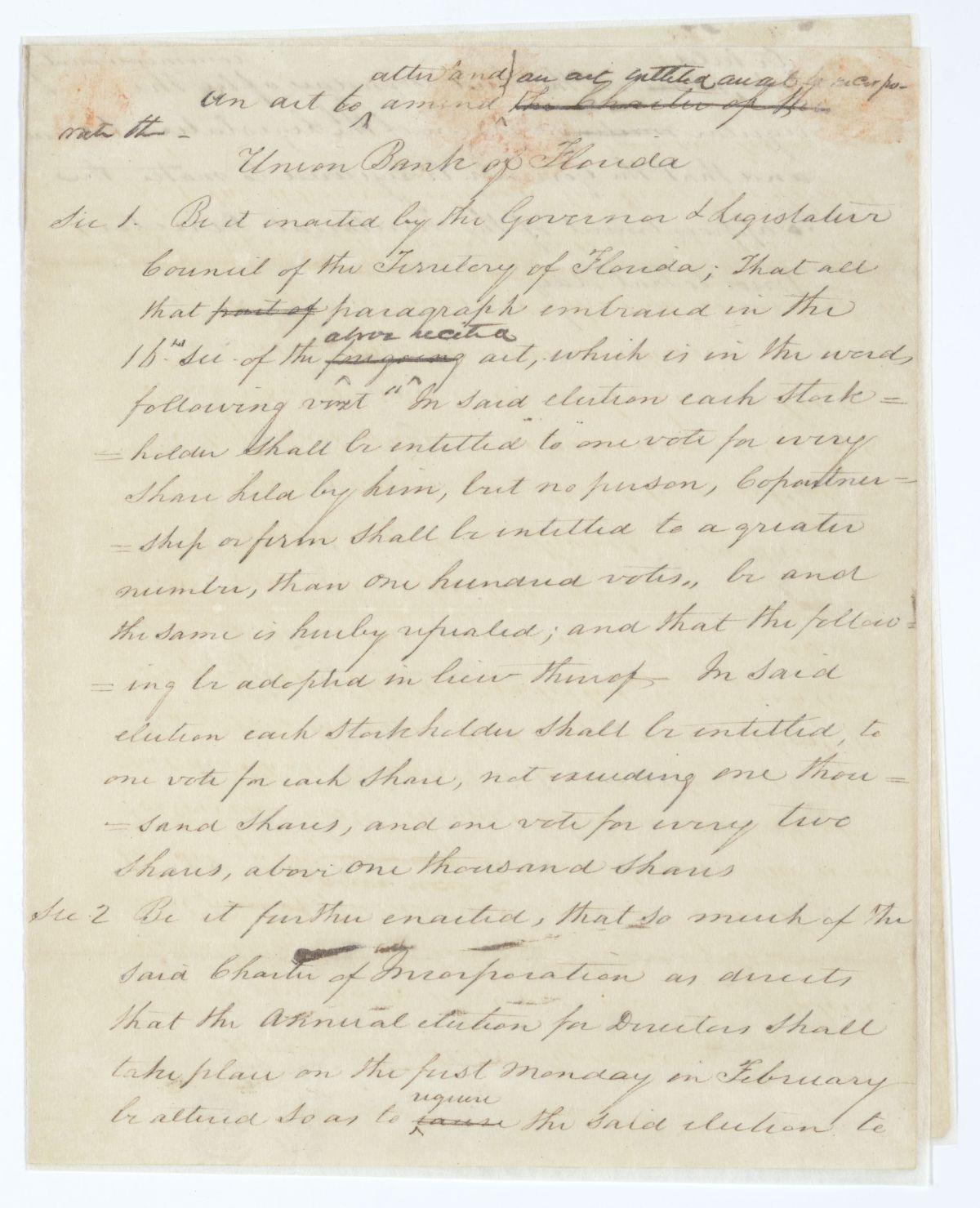 Draft of an Act to Amend the Charter of the Union Bank of Florida, circa 1845