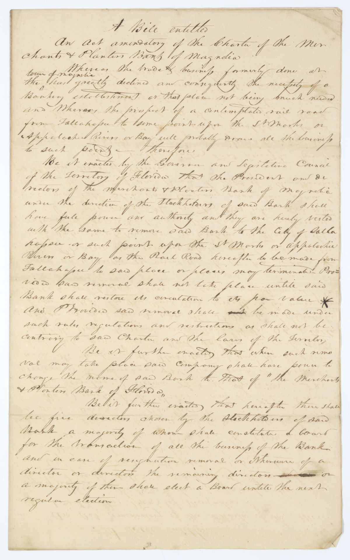 Draft of an Act Amendatory of the Charter of the Merchants and Planters Bank of Magnolia, circa 1845