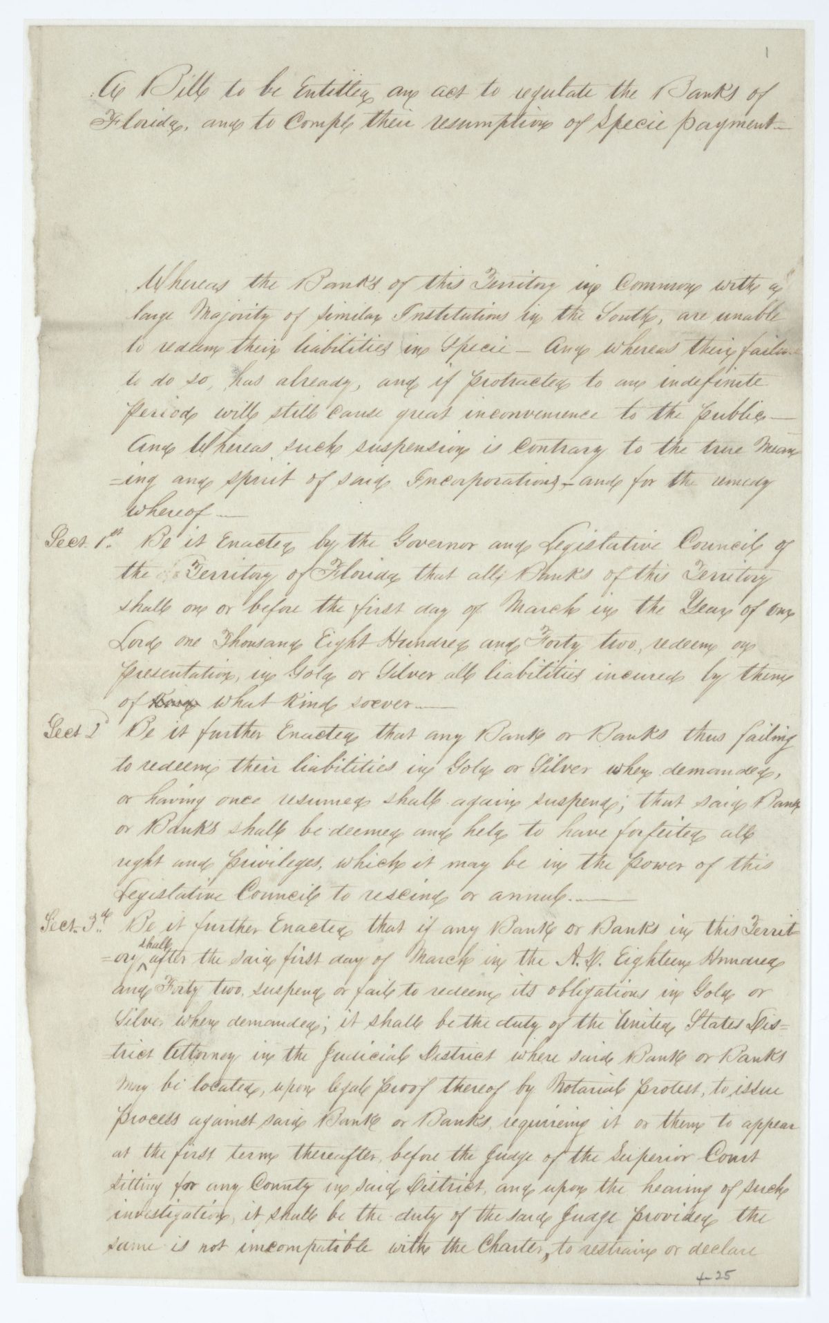 Draft of an Act to Regulate the Banks of Florida, circa 1845