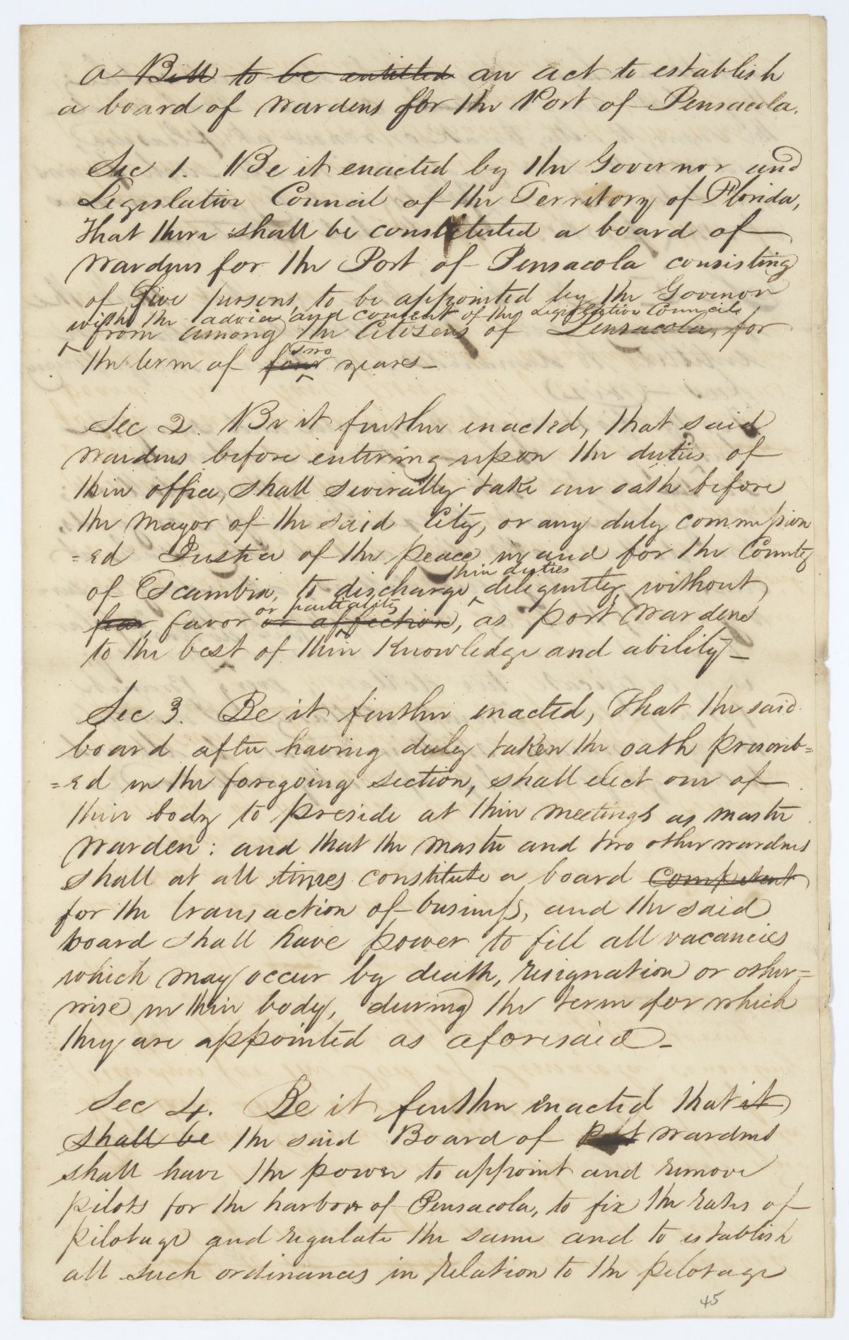 Draft of an Act to Establish a Board of Wardens for the Port of Pensacola, circa 1845