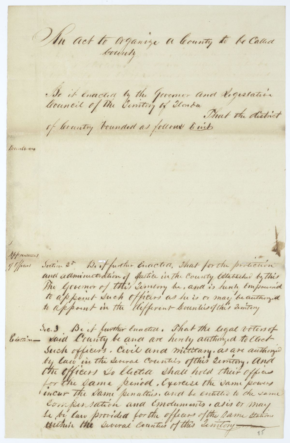 Draft of an Act to Organize a County, circa 1845