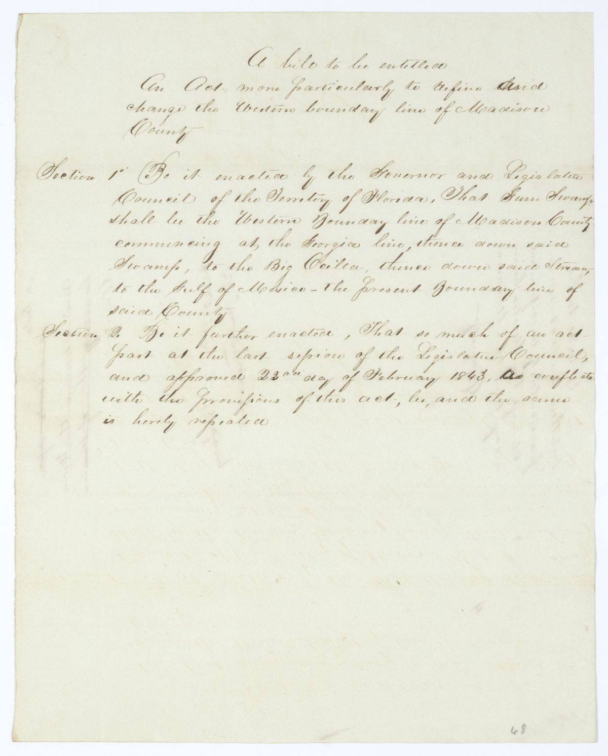 Draft of an Act to More Particularly Define and Change the Western Boundary Line of Madison County, 1844