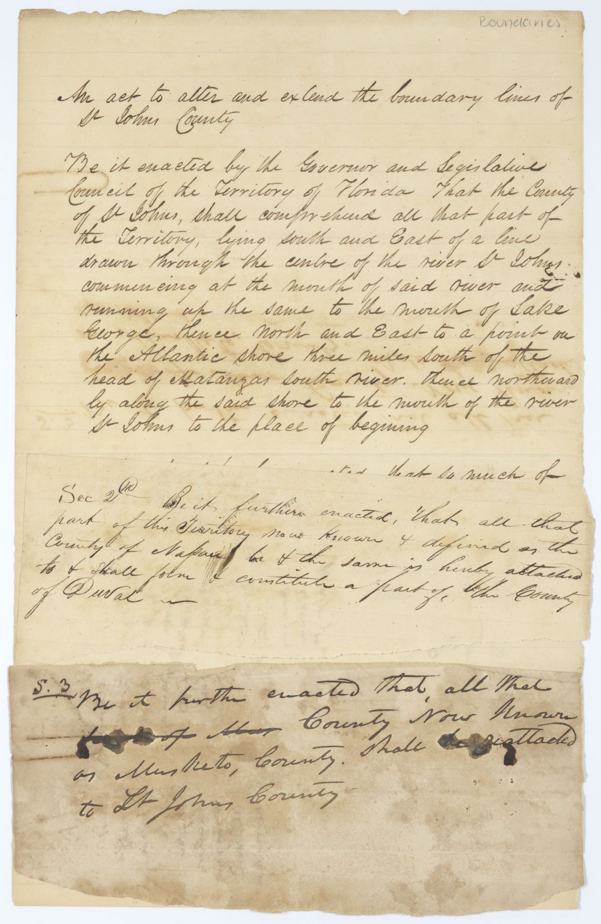 Draft of an Act to Extend the Boundary Lines of Saint Johns County, circa 1845