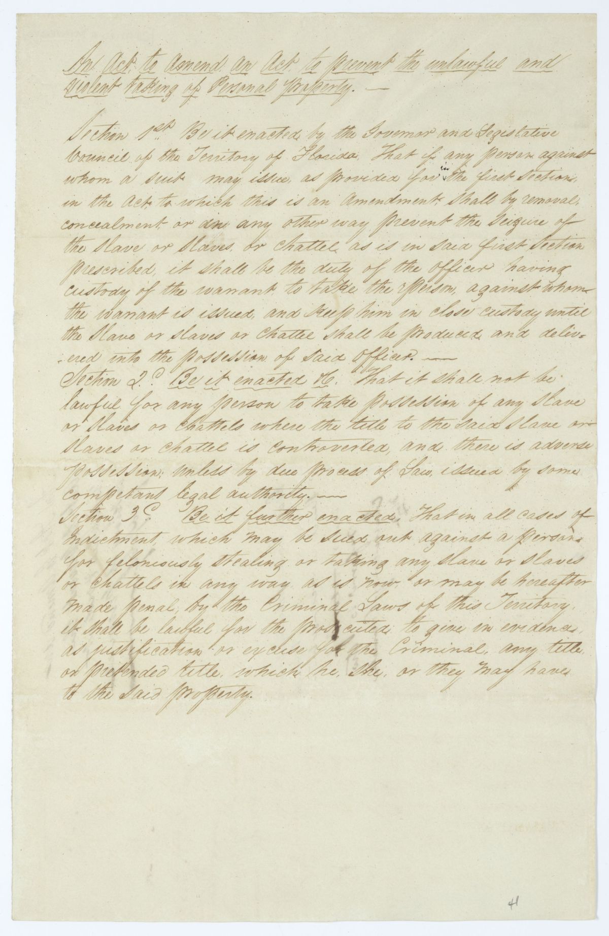 Draft of an Act to Amend an Act to Prevent the Unlawful and Violent Taking of Property, circa 1845